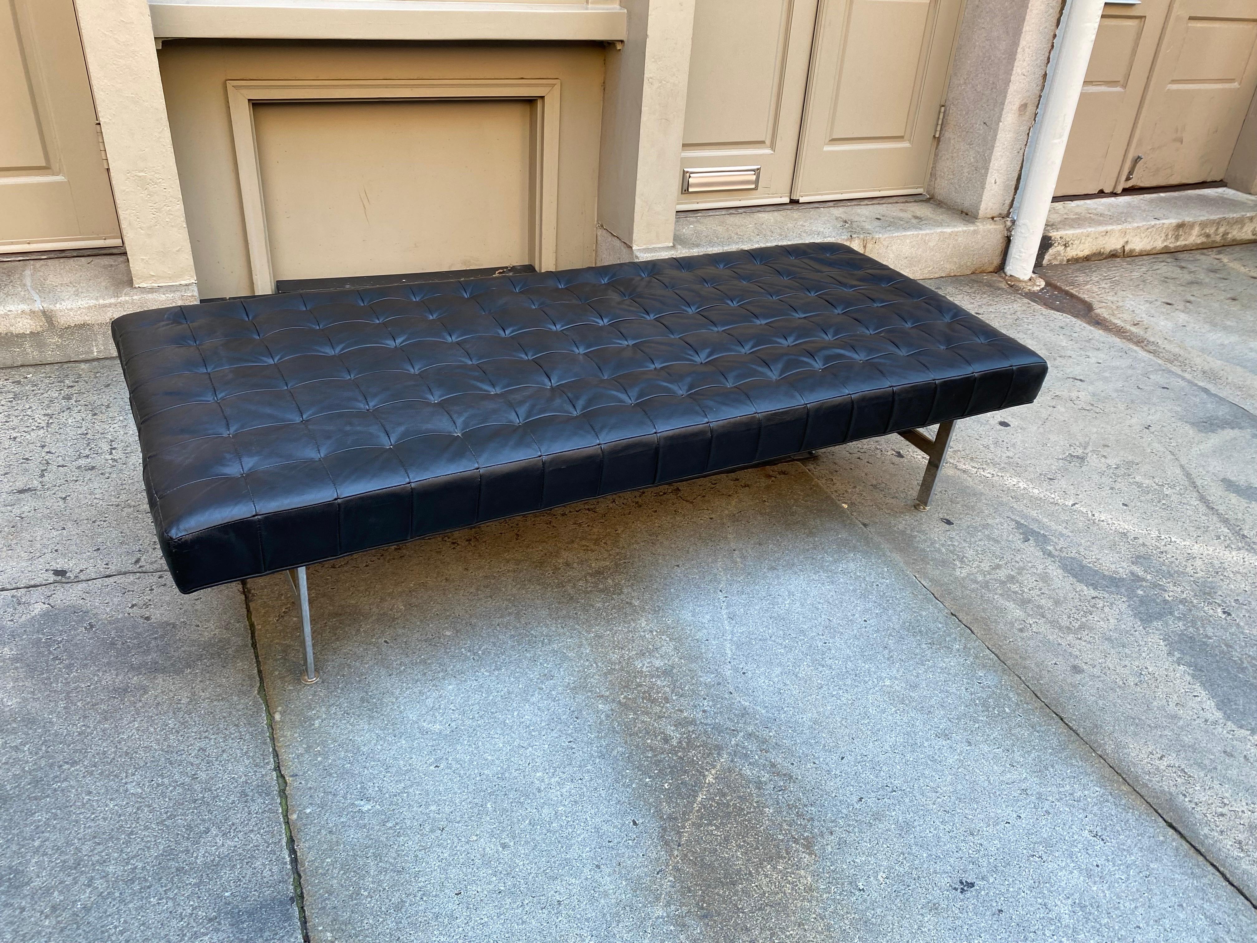 Leather Bench or Couch, bought from a Psychiatrist Office in Philadelphia!  Dates to the Early 1960's  Leather in very nice shape!  Aluminum Legs support the box Upholstered Cushion.