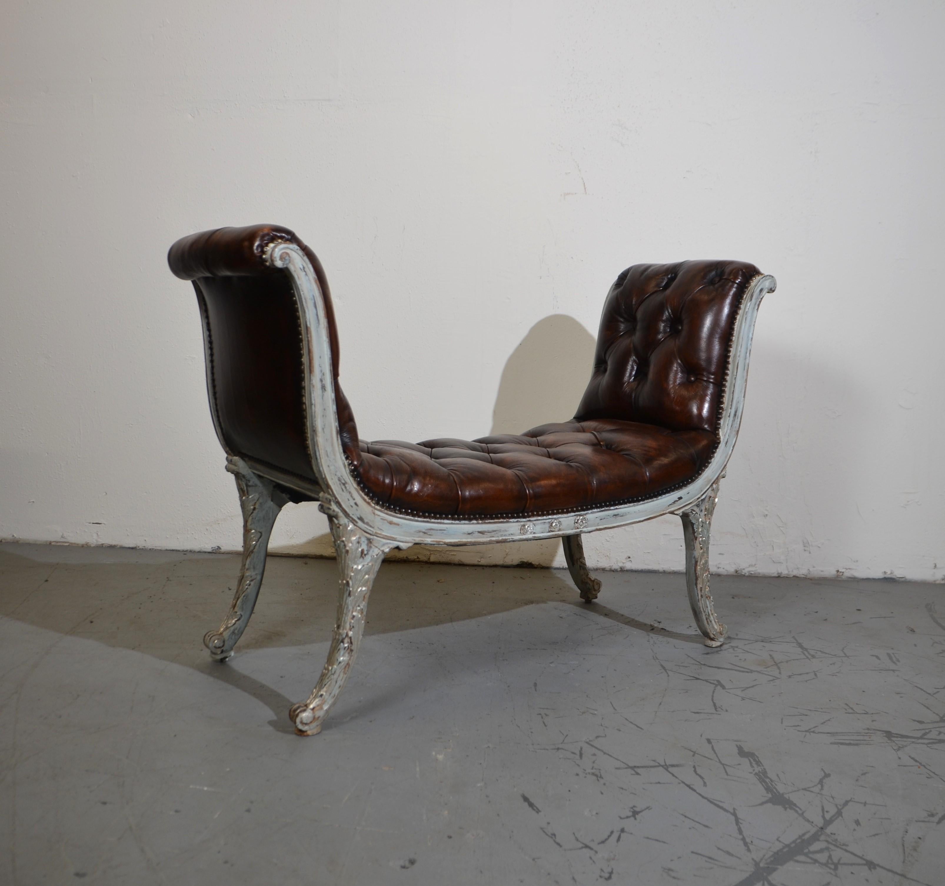 Mid-20th Century Tufted Leather Bench For Sale