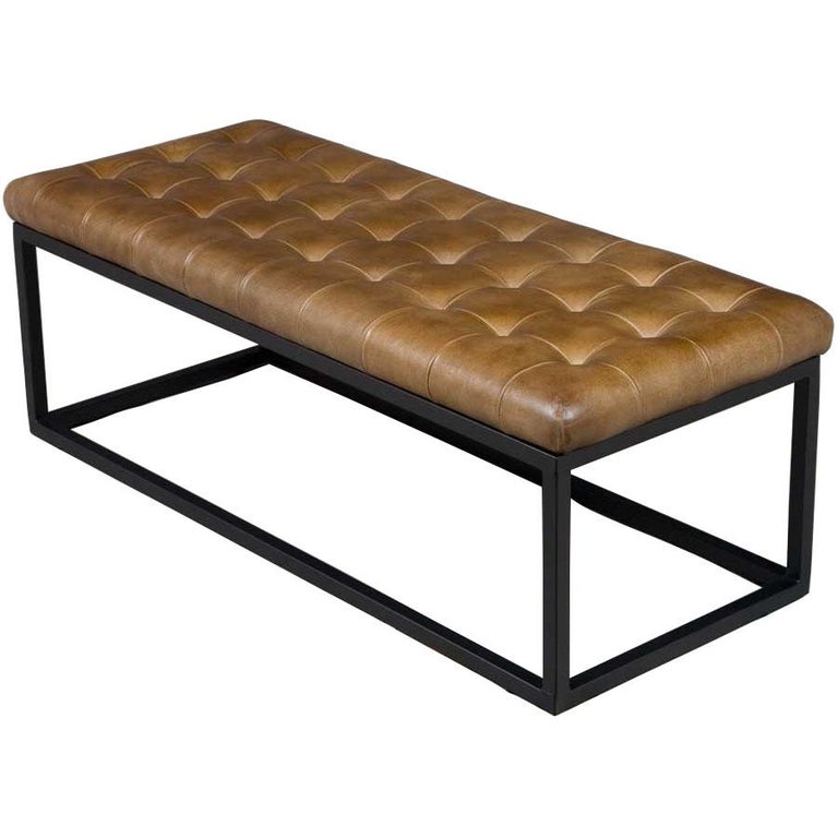 Tufted Leather Bench Seat Ottoman on Metal Base For Sale at 1stDibs
