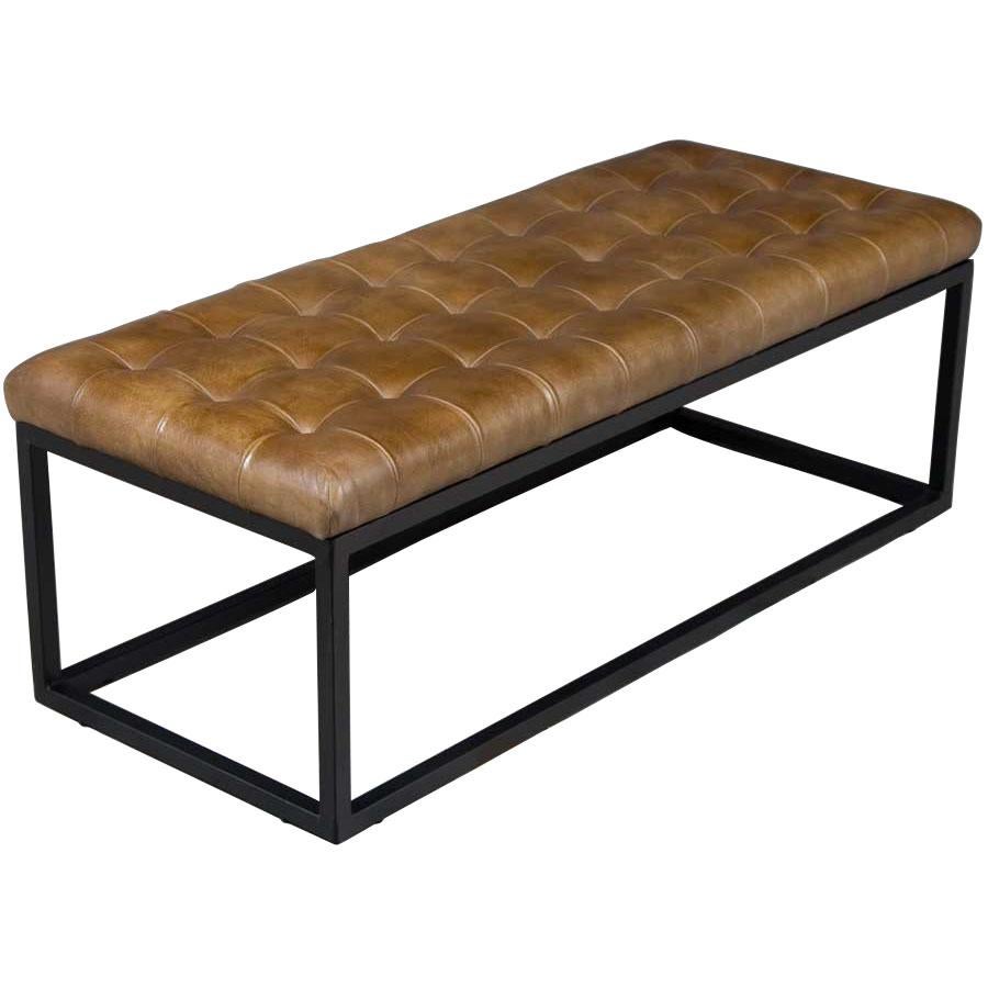 Modern Tufted Leather Bench Seat Ottoman on Metal Base For Sale