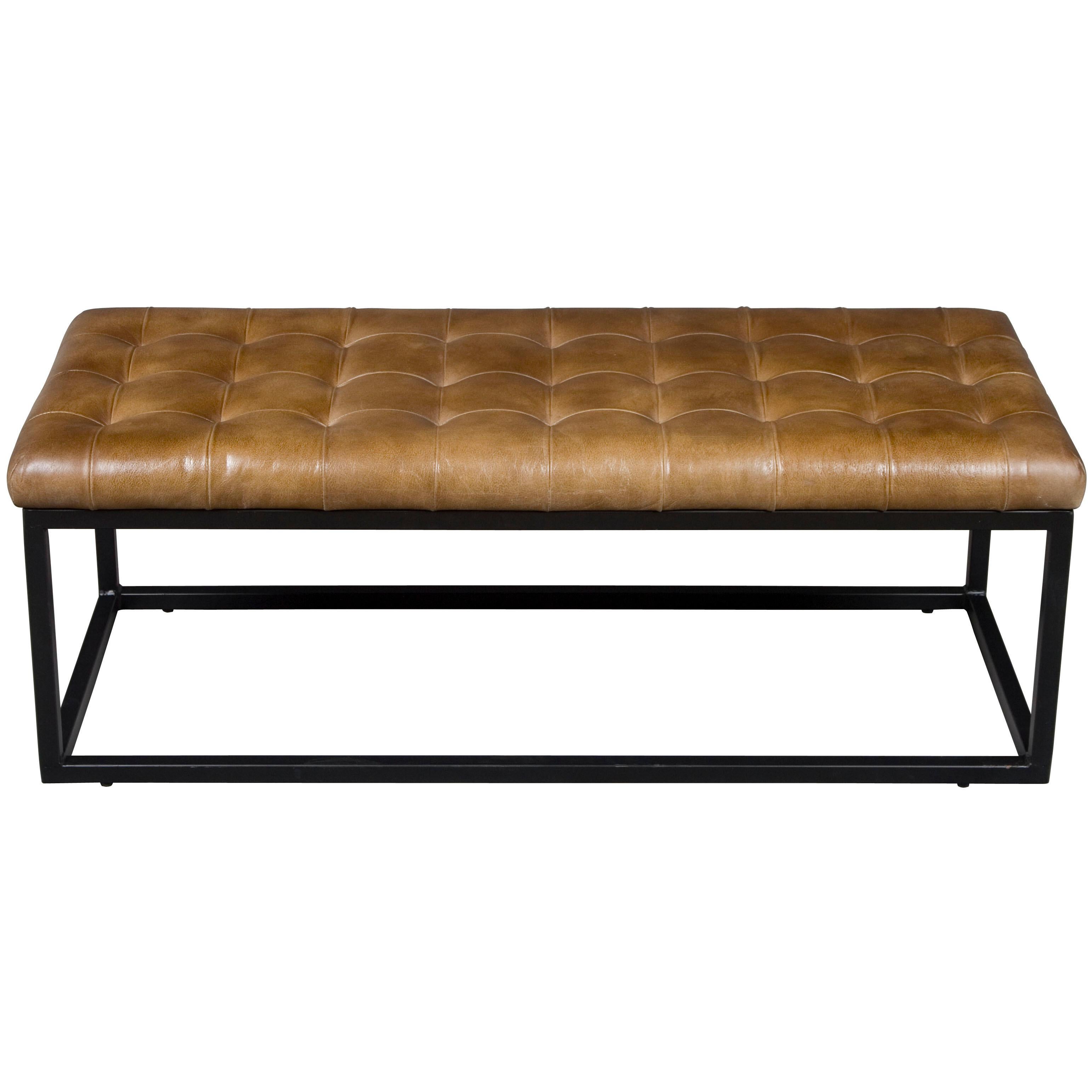 English Tufted Leather Bench Seat Ottoman on Metal Base For Sale
