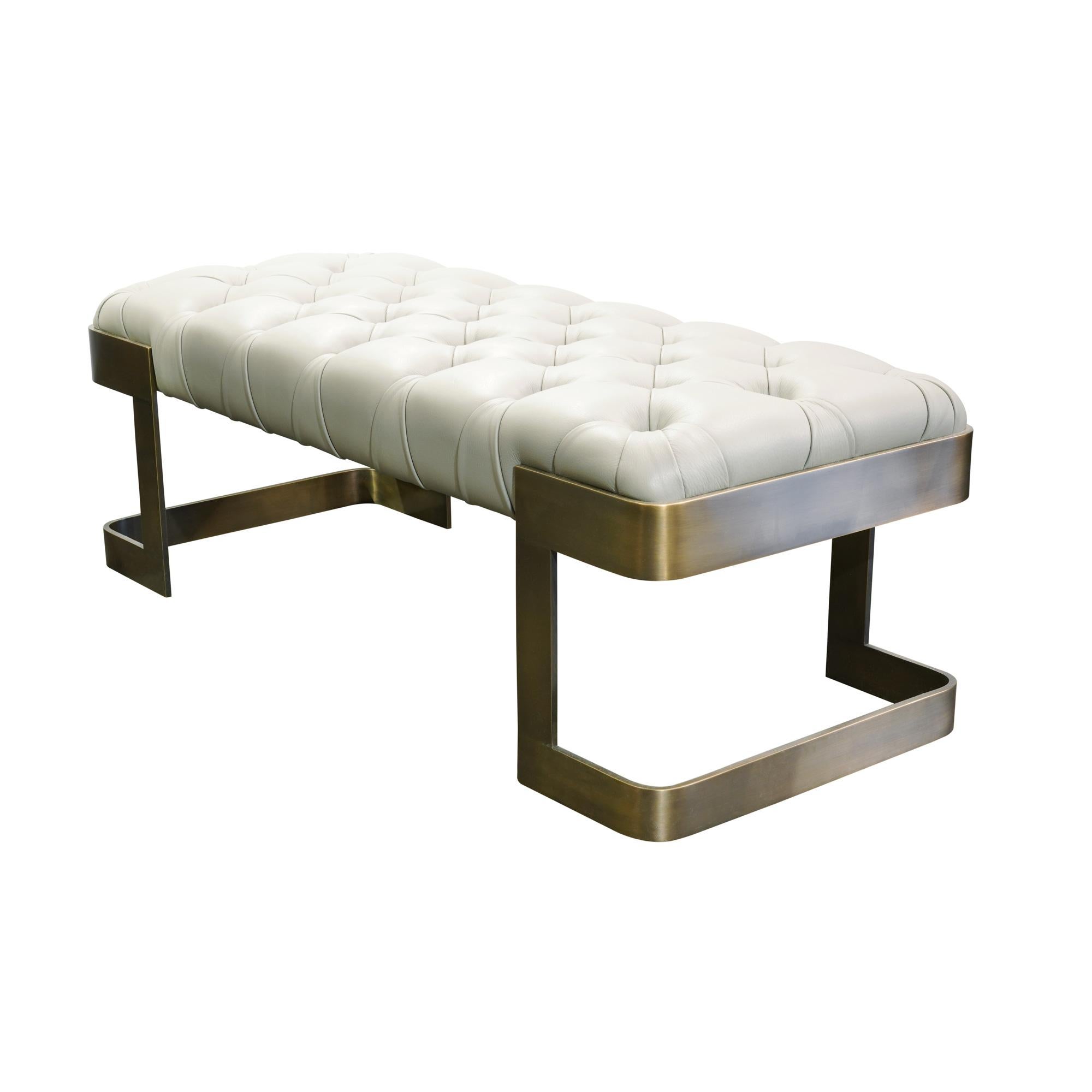 Tufted Leather Bench with Solid Bronze Legs In New Condition For Sale In Westport, CT