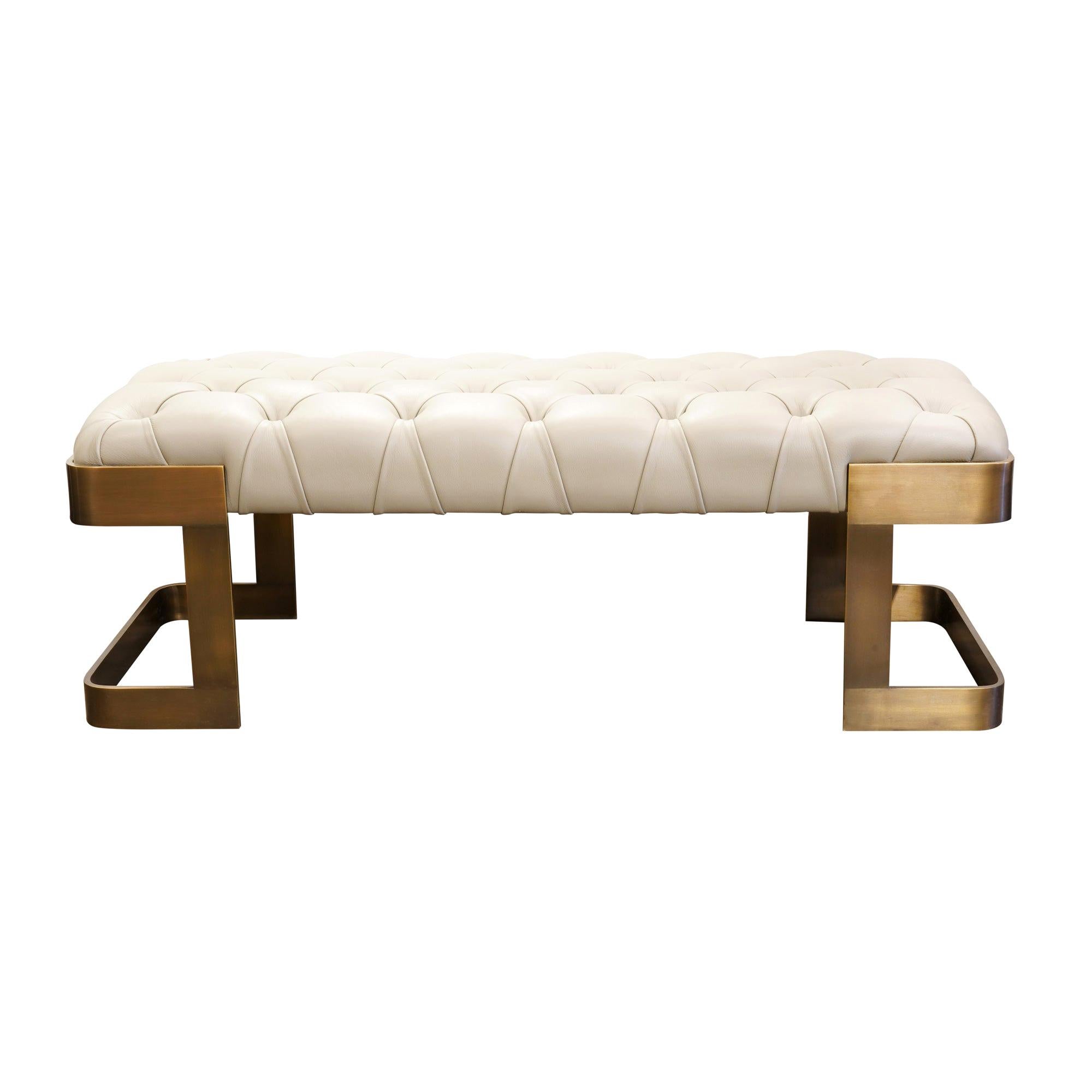 Mid Century Tufted Blue Bench with Brass Legs at 1stdibs