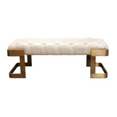 Tufted Leather Bench with Solid Bronze Legs
