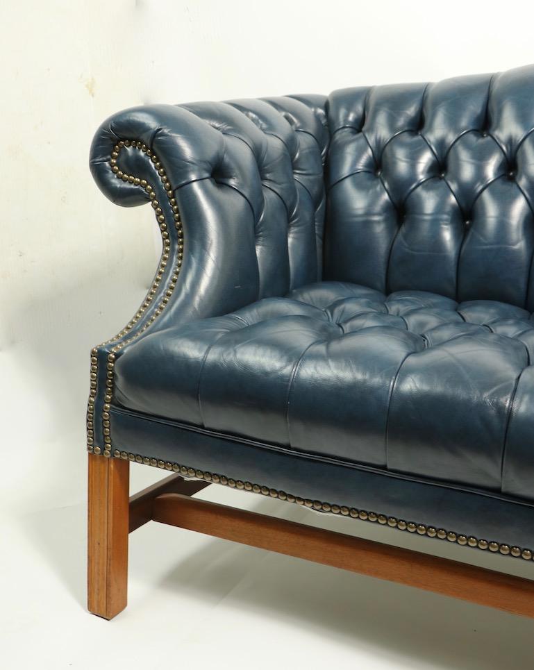 Chippendale Tufted Leather Camel Back Loveseat Sofa