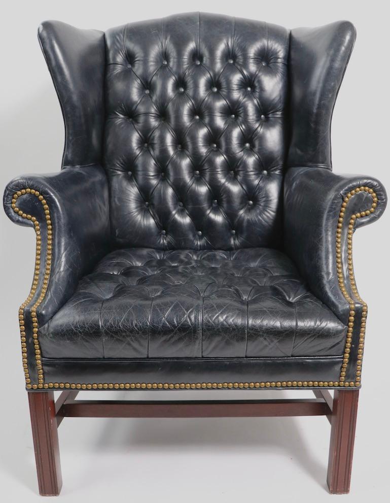Tufted Leather Chippendale Style Wing Chair 7