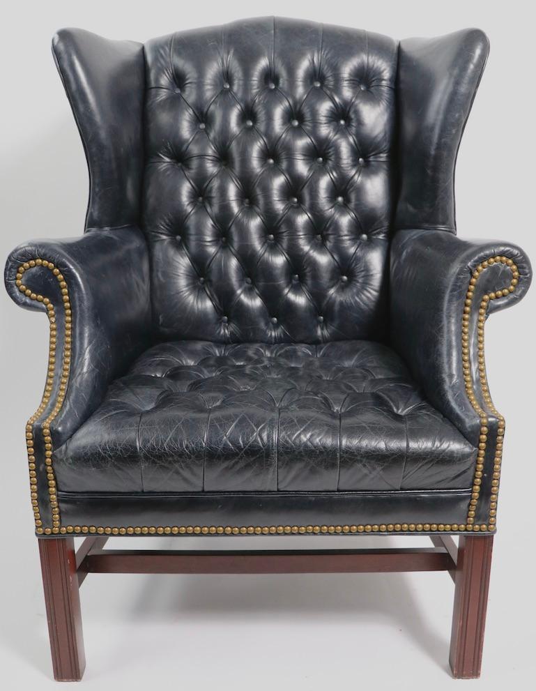 Tufted Leather Chippendale Style Wing Chair 6