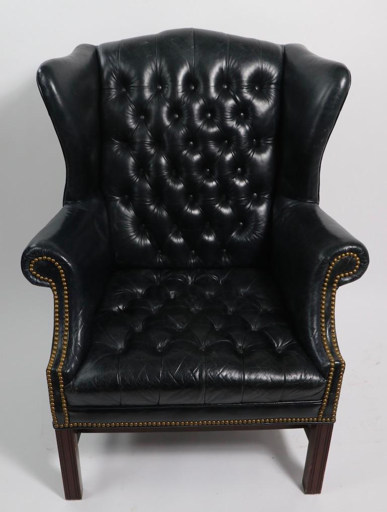 Tufted Leather Chippendale Style Wing Chair 8