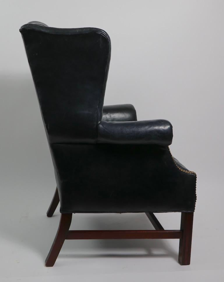 Tufted Leather Chippendale Style Wing Chair In Good Condition In New York, NY