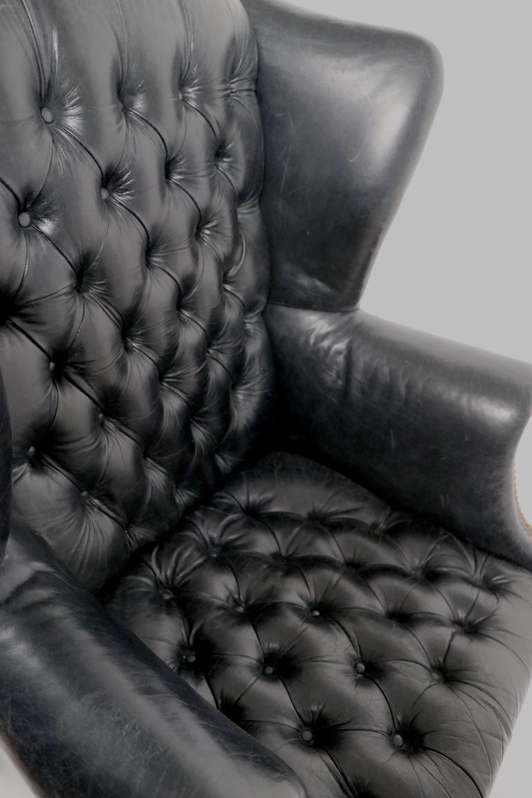 Tufted Leather Chippendale Style Wing Chair 2