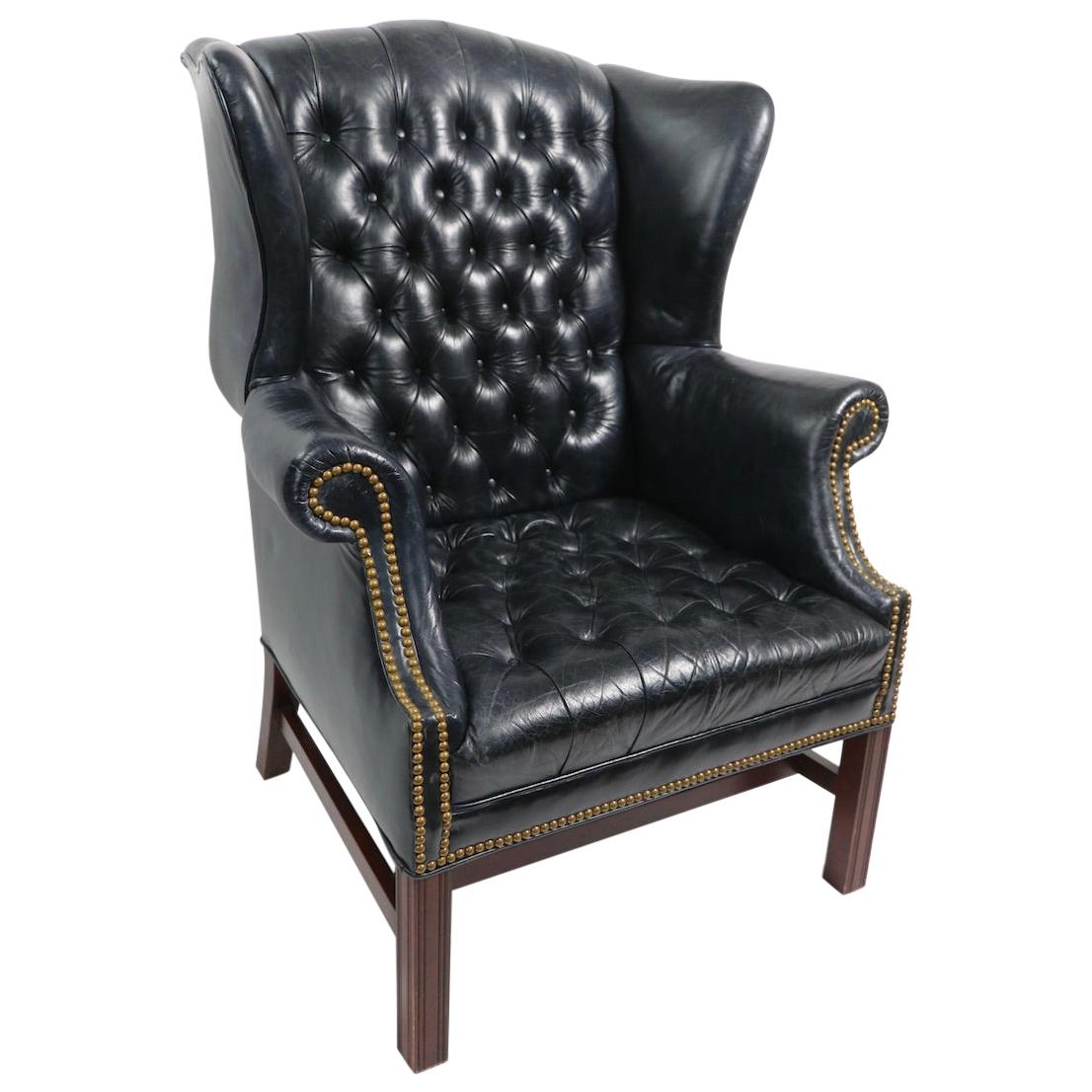 Tufted Leather Chippendale Style Wing Chair