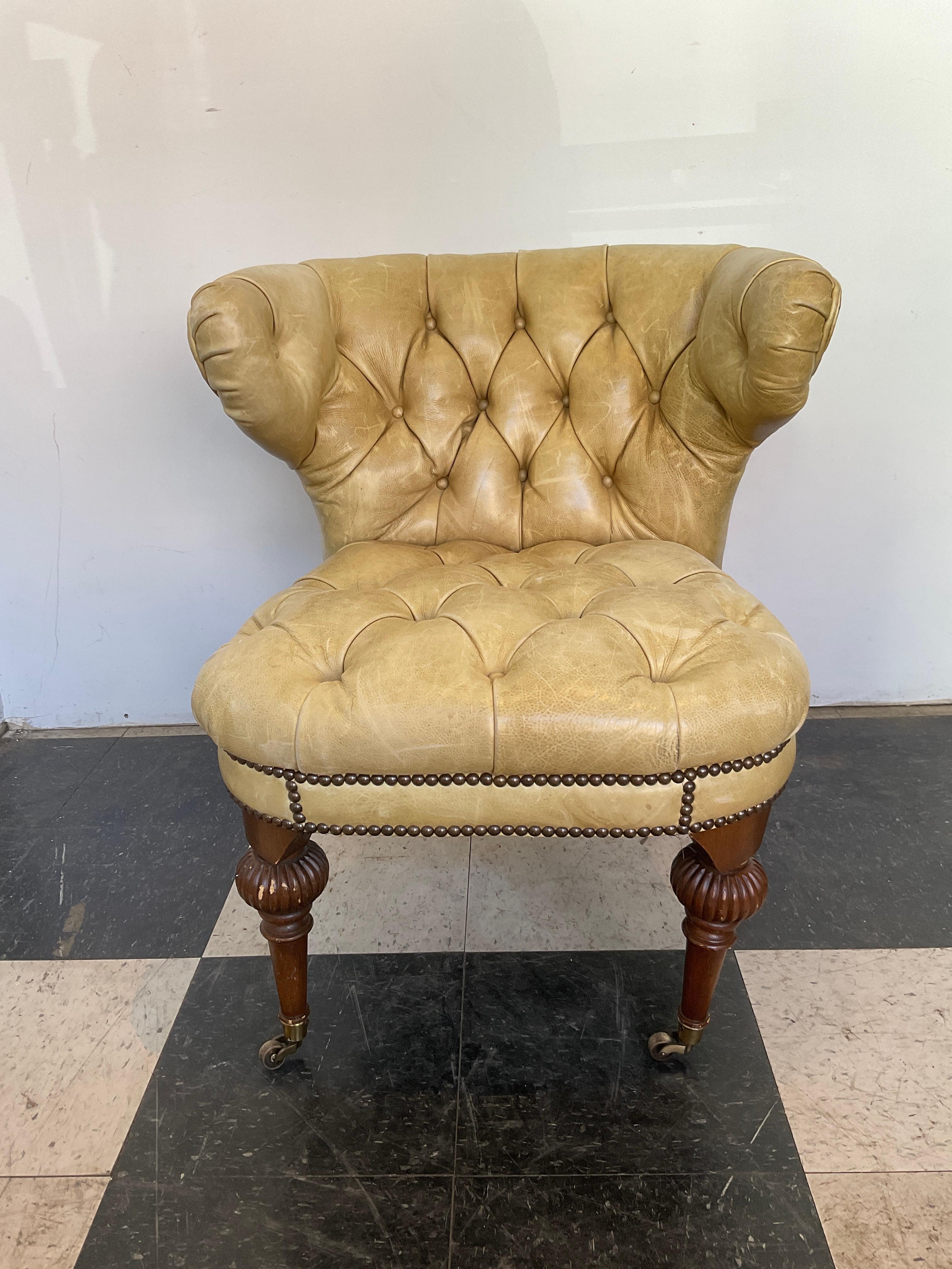 Tufted Leather Cockfighting Chair In Good Condition For Sale In Tarrytown, NY