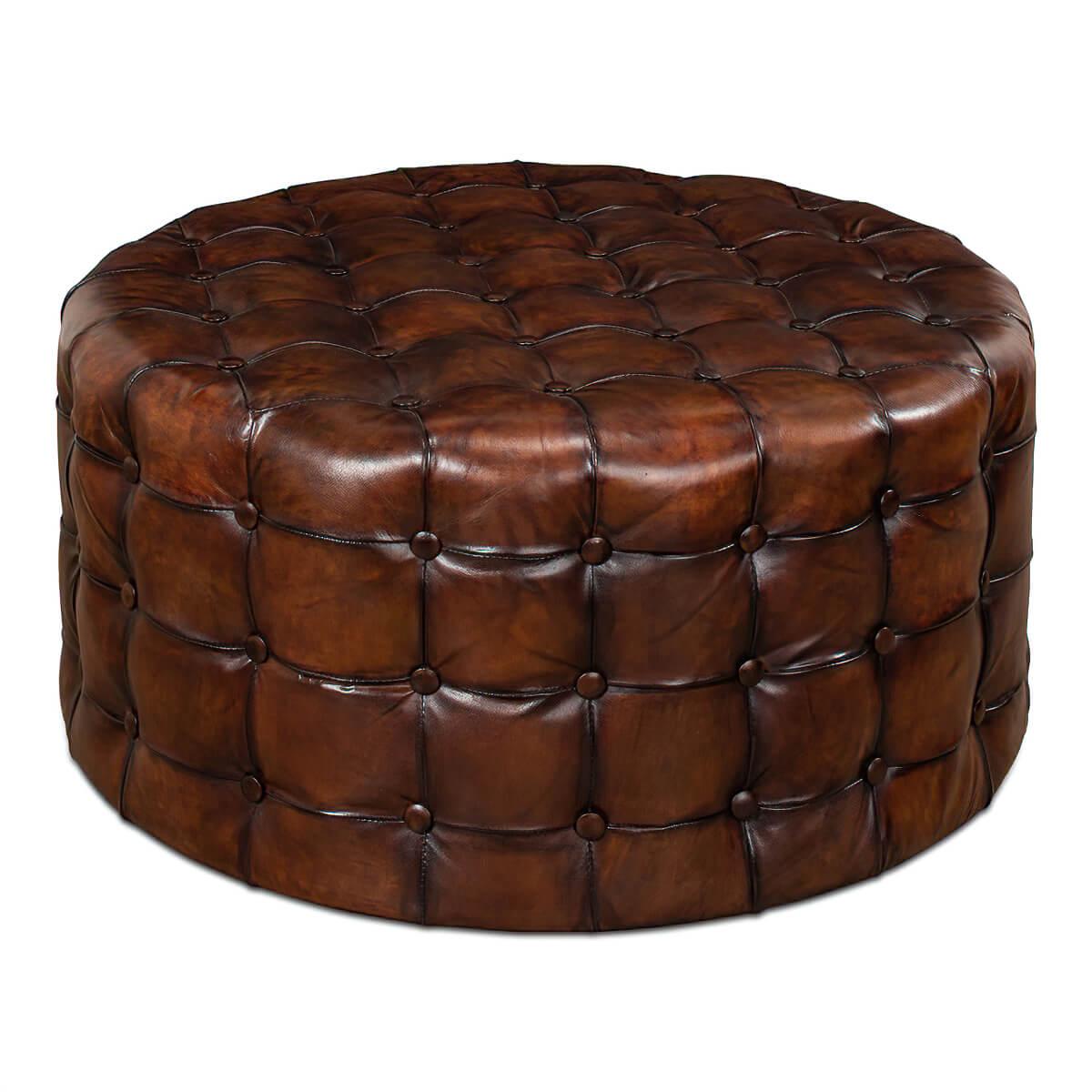 Tufted leather round ottoman with antiqued brown full-grain leather.

Dimensions: 36