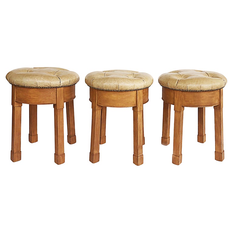 Tufted Leather Teak Wood Counter Stools with Nailheads, Set of 3 For