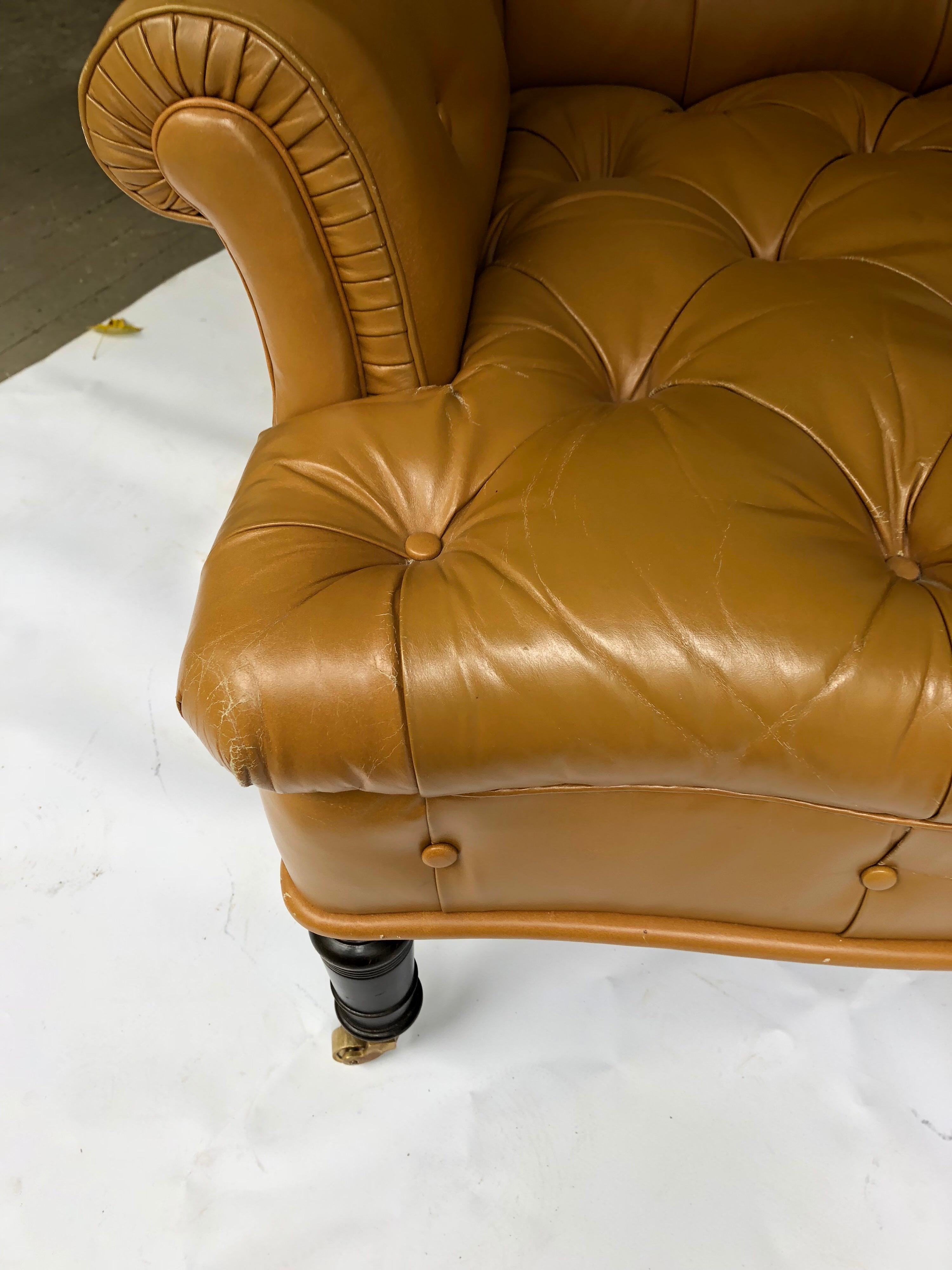 American Classical Mahogany Library Chair on Casters with Caramel Color Leather Upholstery