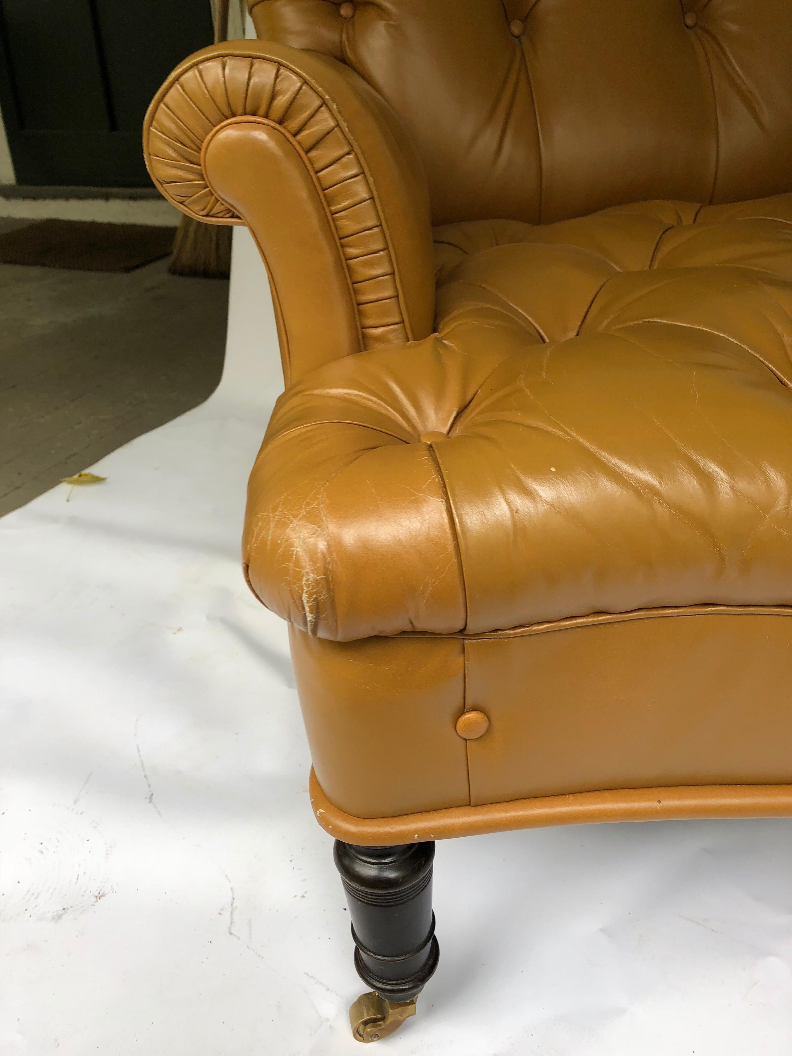 American Mahogany Library Chair on Casters with Caramel Color Leather Upholstery