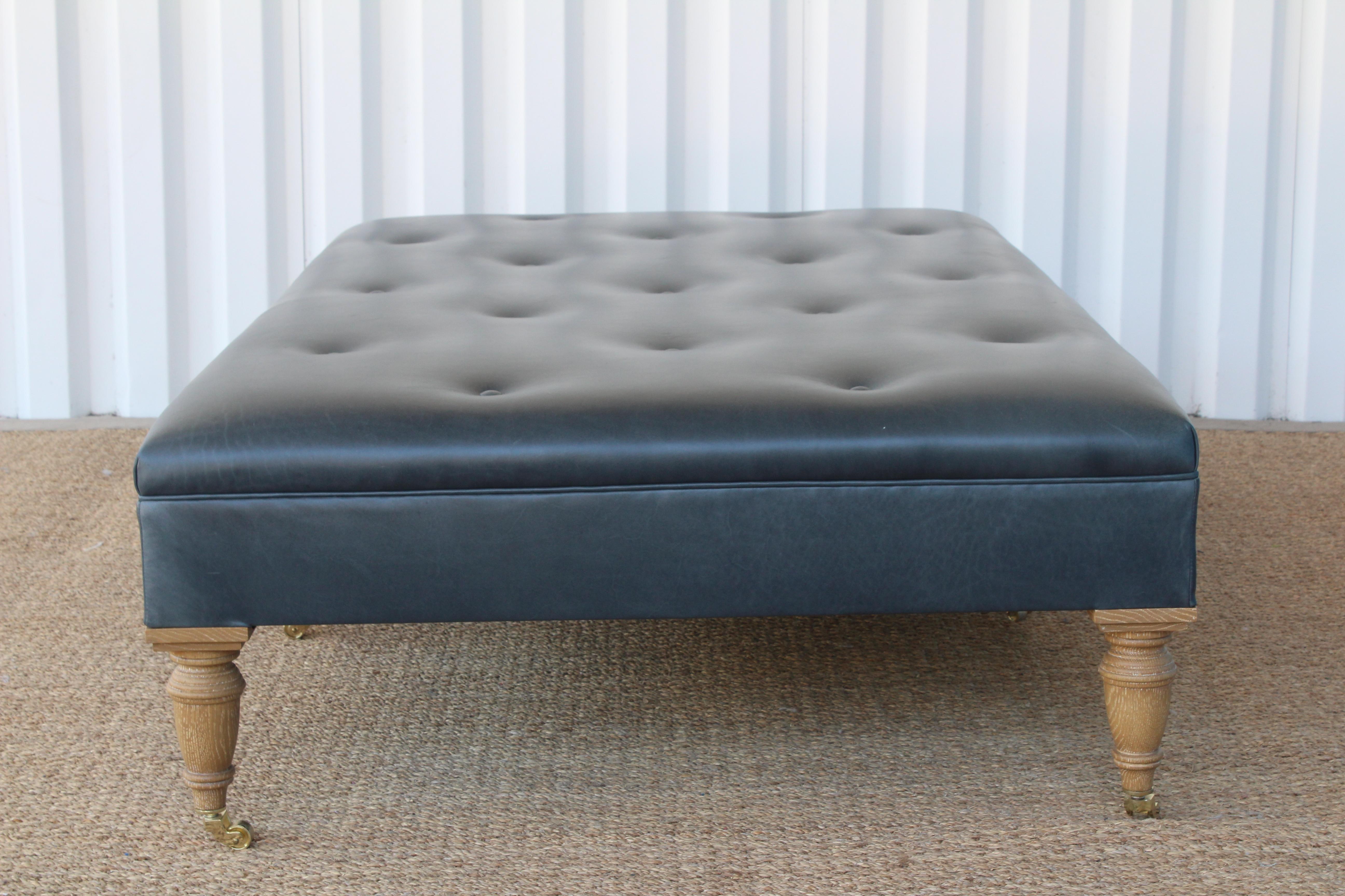 Cerused Tufted Leather Upholstered Ottoman For Sale