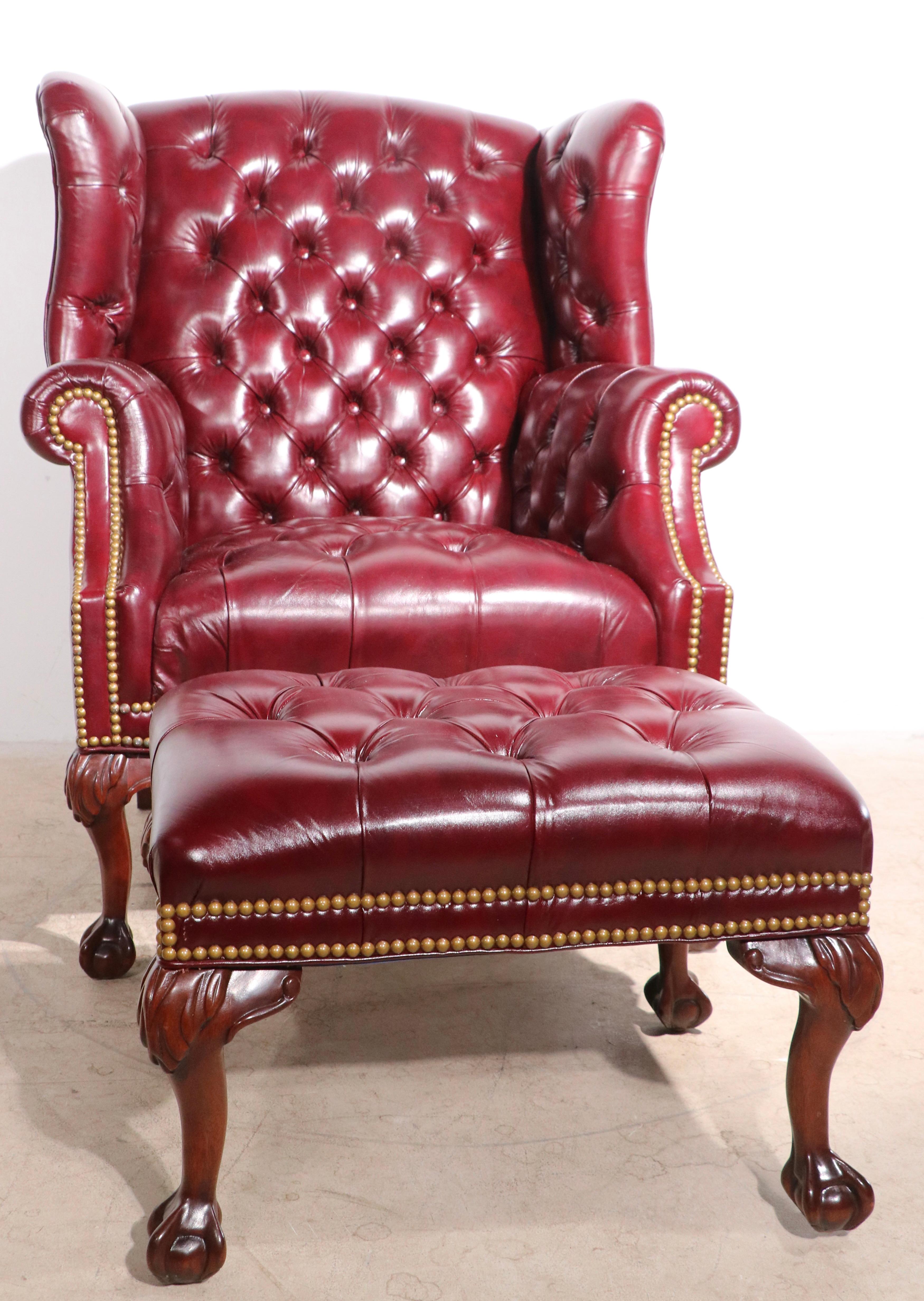 Chippendale Tufted Leather Wing Chair and Ottoman by Leathercraft Inc.