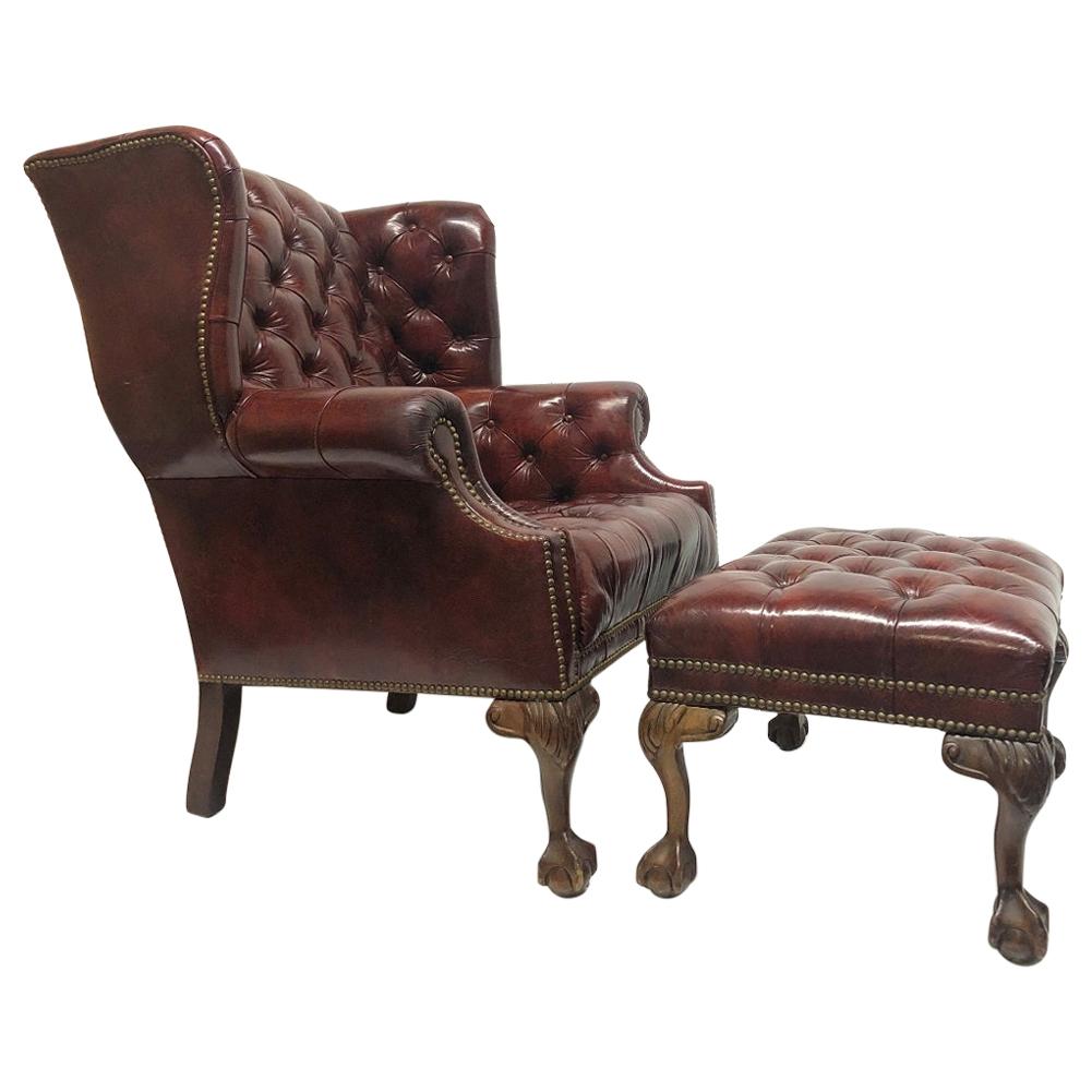 Tufted Leather Wingback Chair with Matching Ottoman