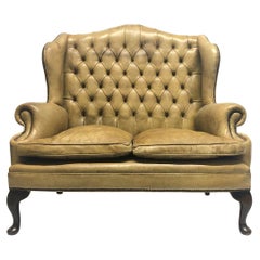 Retro Tufted Leather Wingback Loveseat in the Style of Chippendale