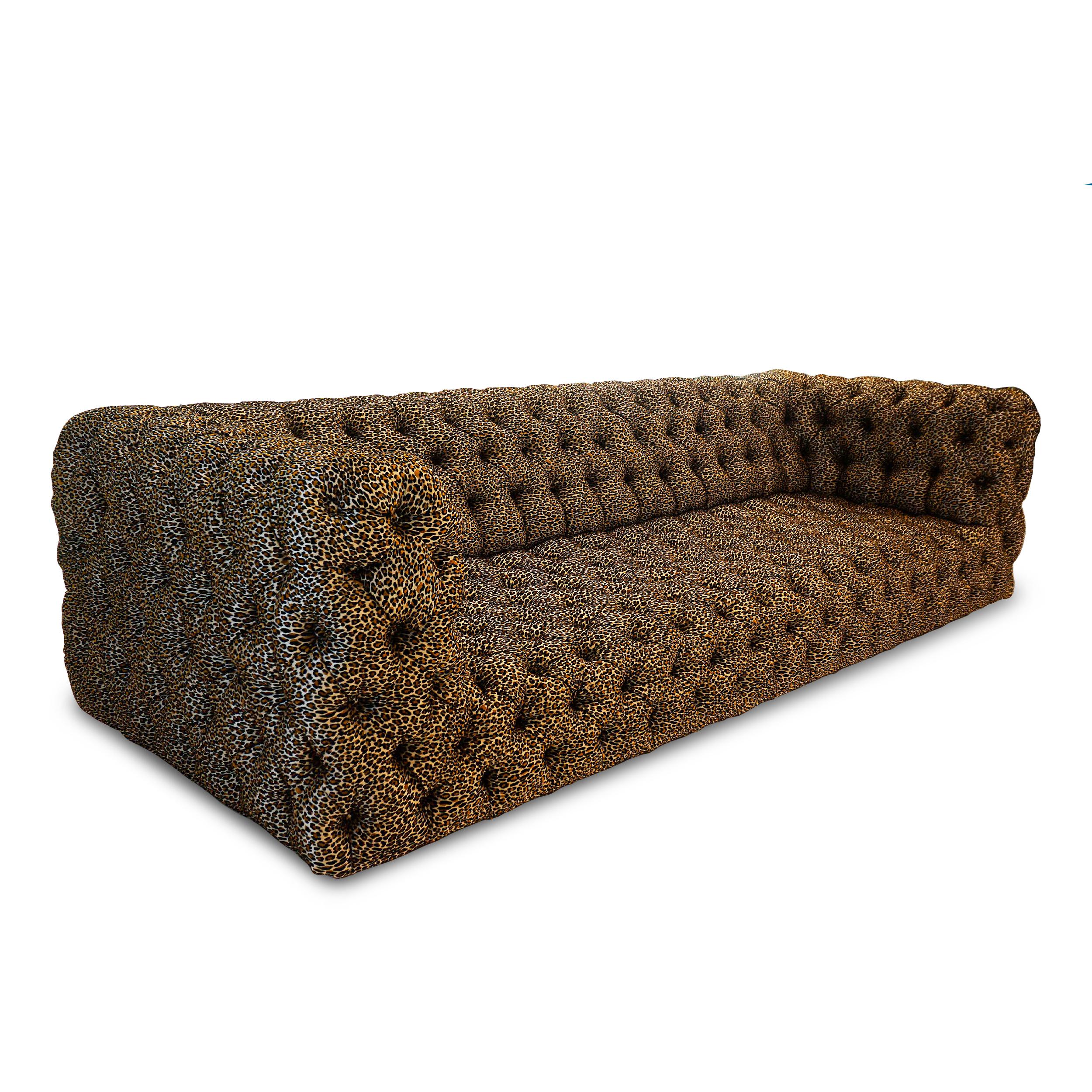 Tufted Sofa in a luxurious Mokum Textiles Leopardo Print Italian Jacquard Woven Chenille on a sateen ground. Frame is a solid hard maple. Seat cushion is made with 8-way hand tied springs. Entire body of sofa is a filled with cotton/dacron wrapped