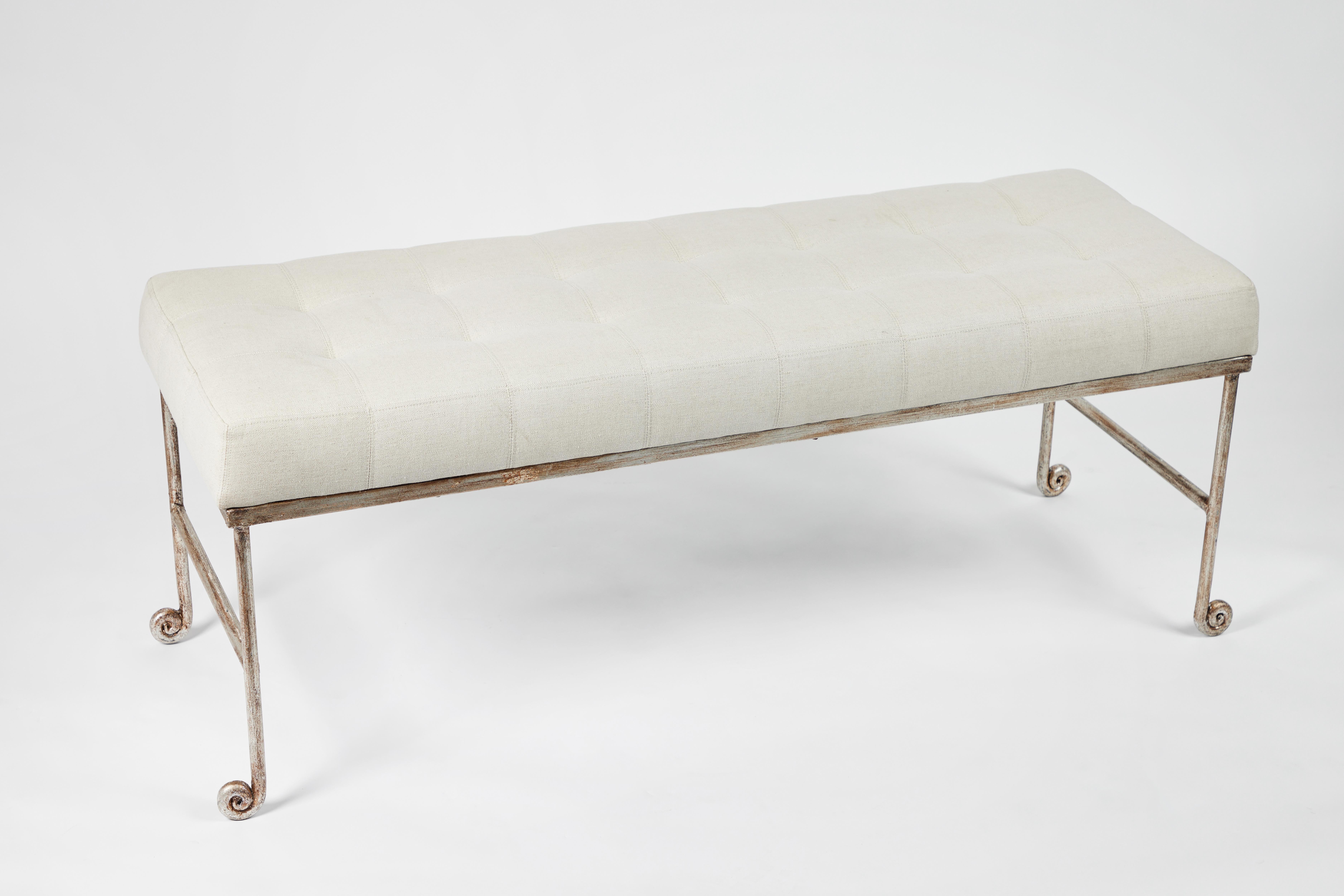 Tufted Linen and Silvered Iron Bench by Horchow In Good Condition In Chicago, IL