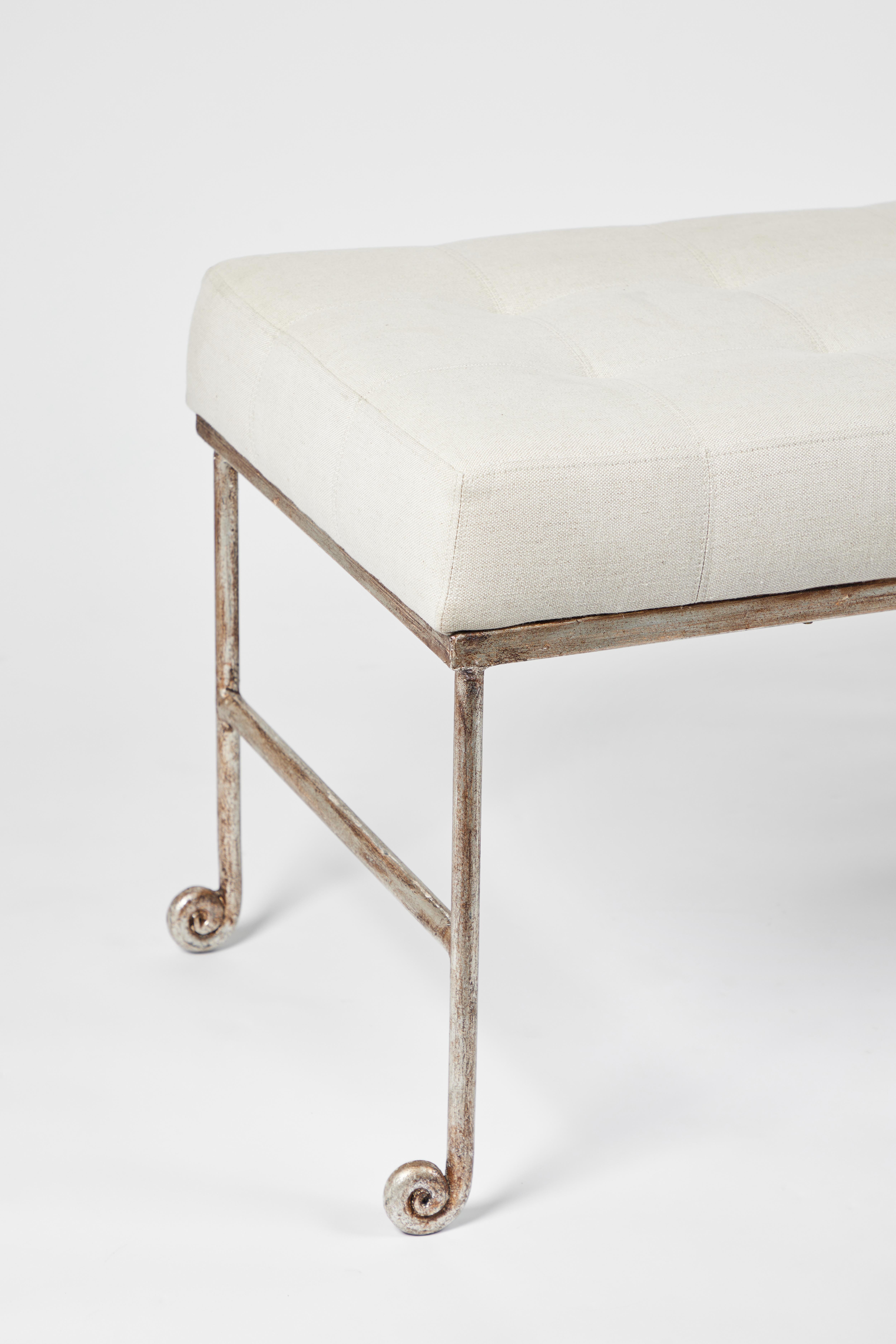 Contemporary Tufted Linen and Silvered Iron Bench by Horchow