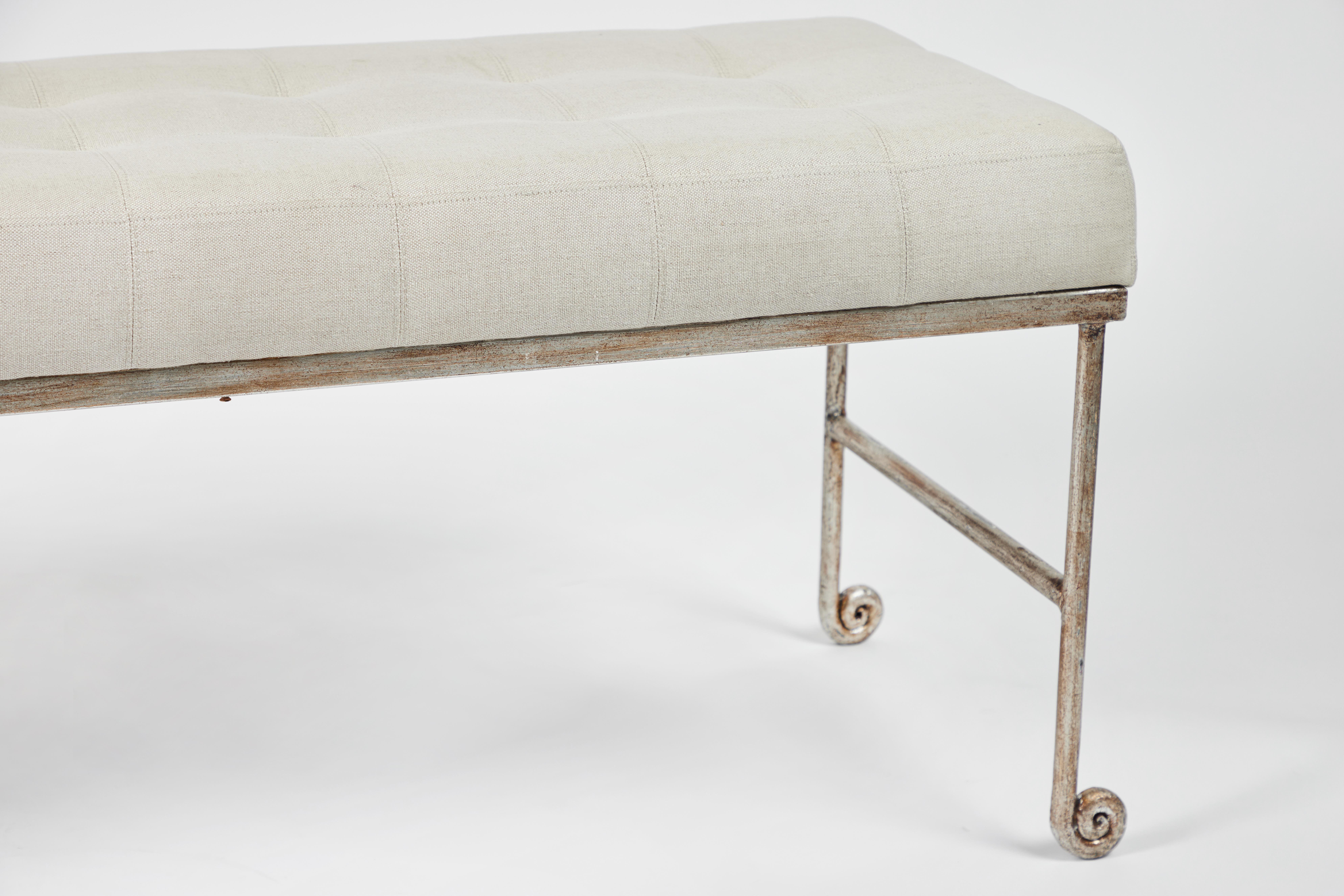 Tufted Linen and Silvered Iron Bench by Horchow 1