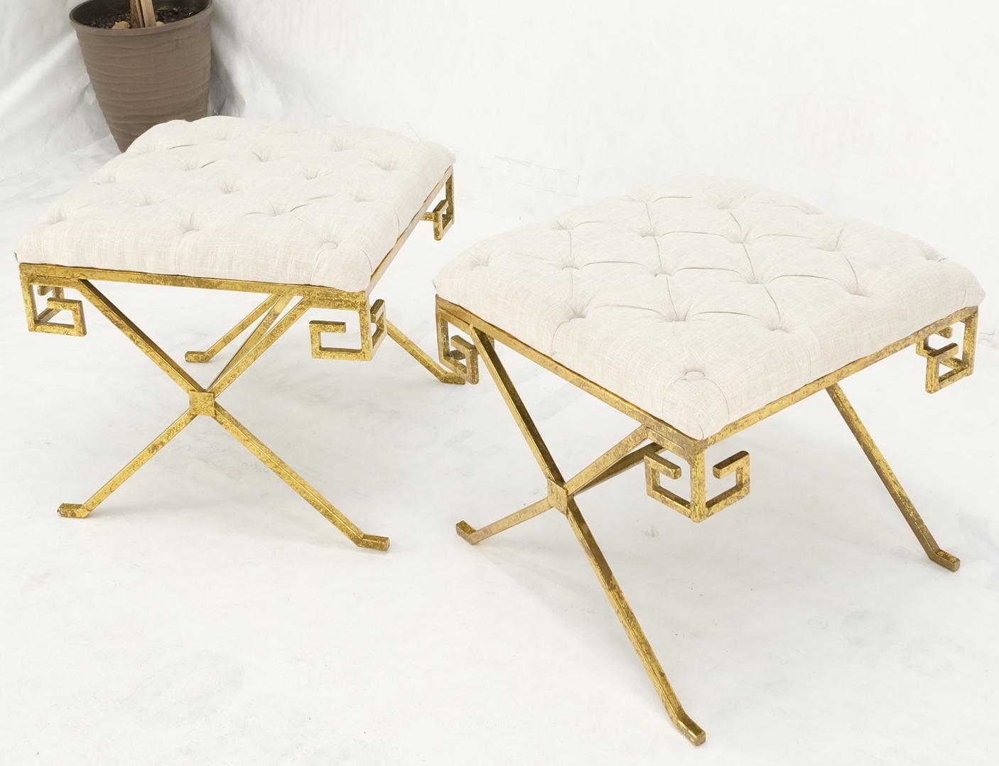 Mid-Century Modern Tufted Linen Upholstery Forged Gold Gilt Steel Pair of Square X-Base Benches