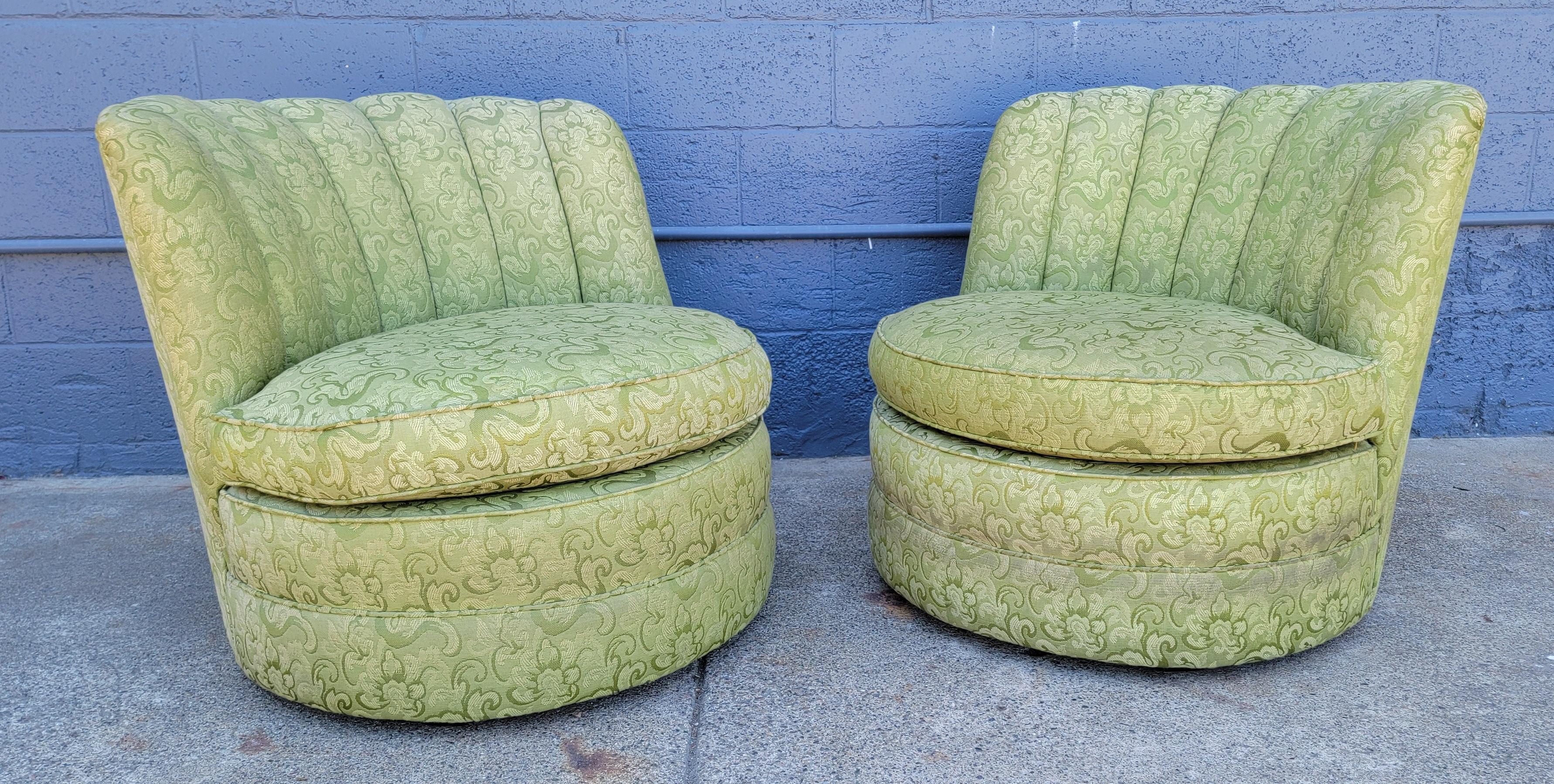 Classic pair of Art Deco style lounge / club / slipper chairs with curved tufted backs and semi-round seats. Older re-upholstery. Quality chairs. Foam and structure in excellent condition, soiling to fabric. New upholstery recommended, therefore,
