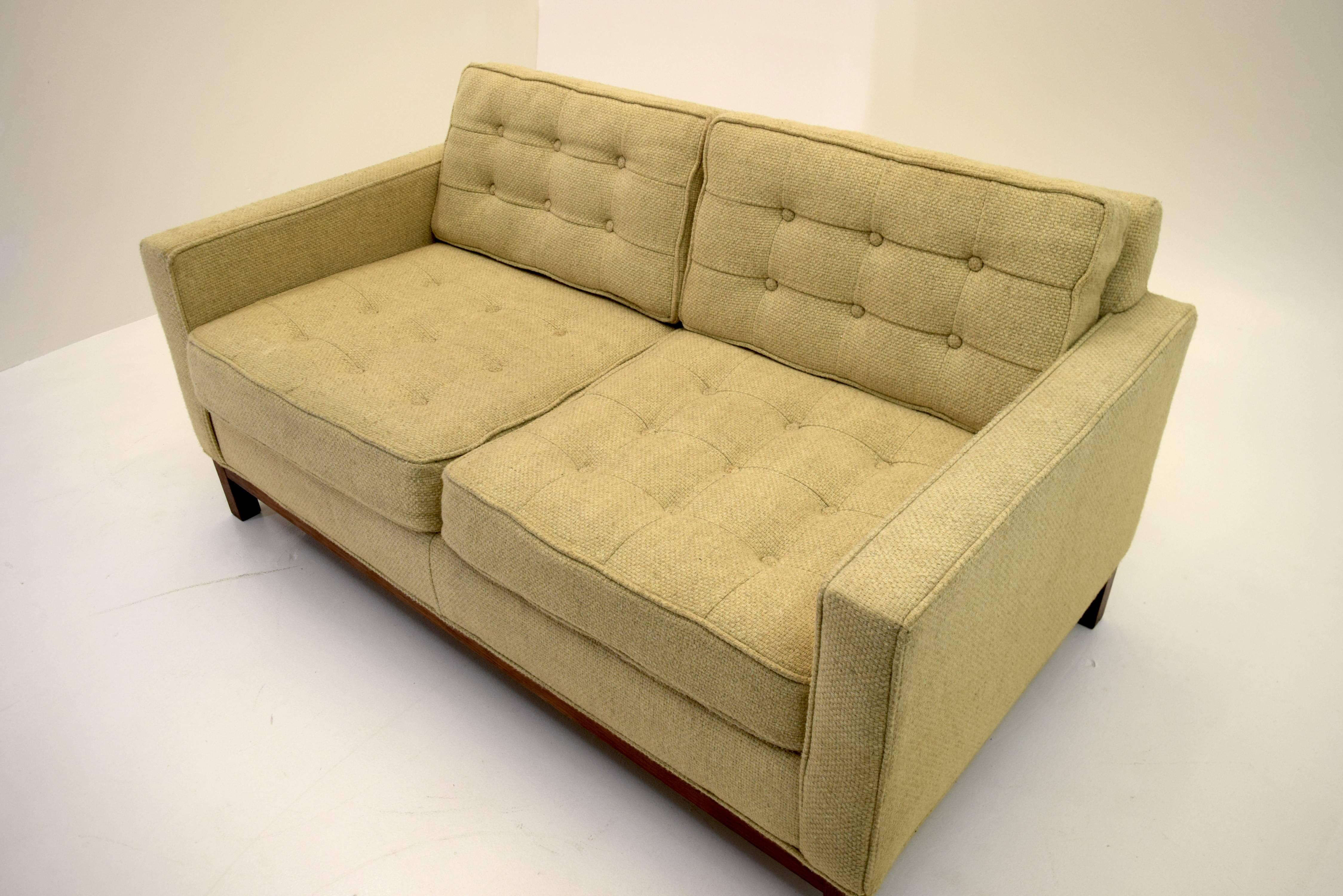 In the style of Florence Knoll
Manufacturer and designer unknown
High quality construction, detachable cushions
29 tall on back, back seat cushions make it 30 inches. 34 inches deep and 60 inches wide. 
Seat Height 17.5