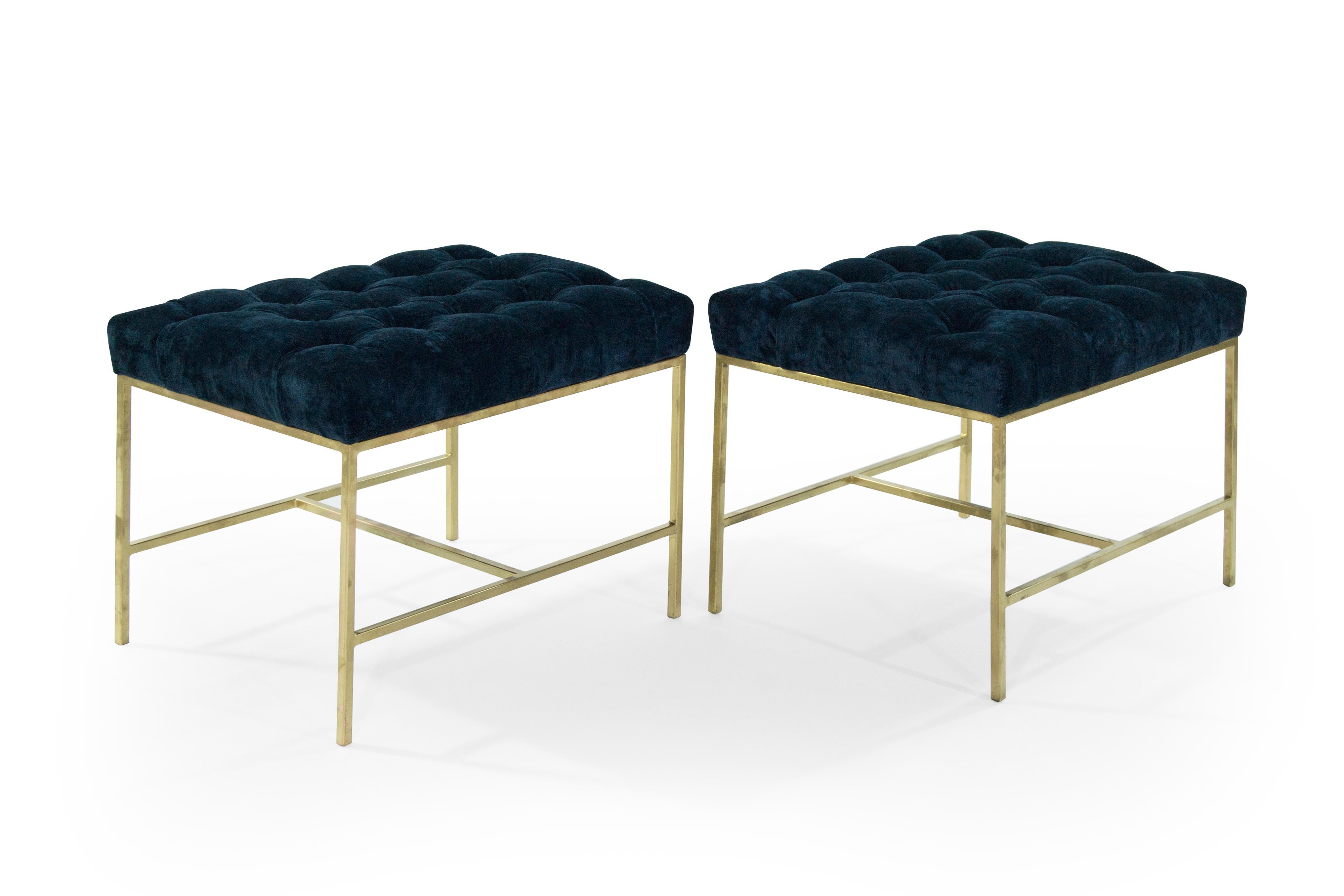 Mid-Century Modern Tufted McCobb Style Brushed Brass Stools, 1950s