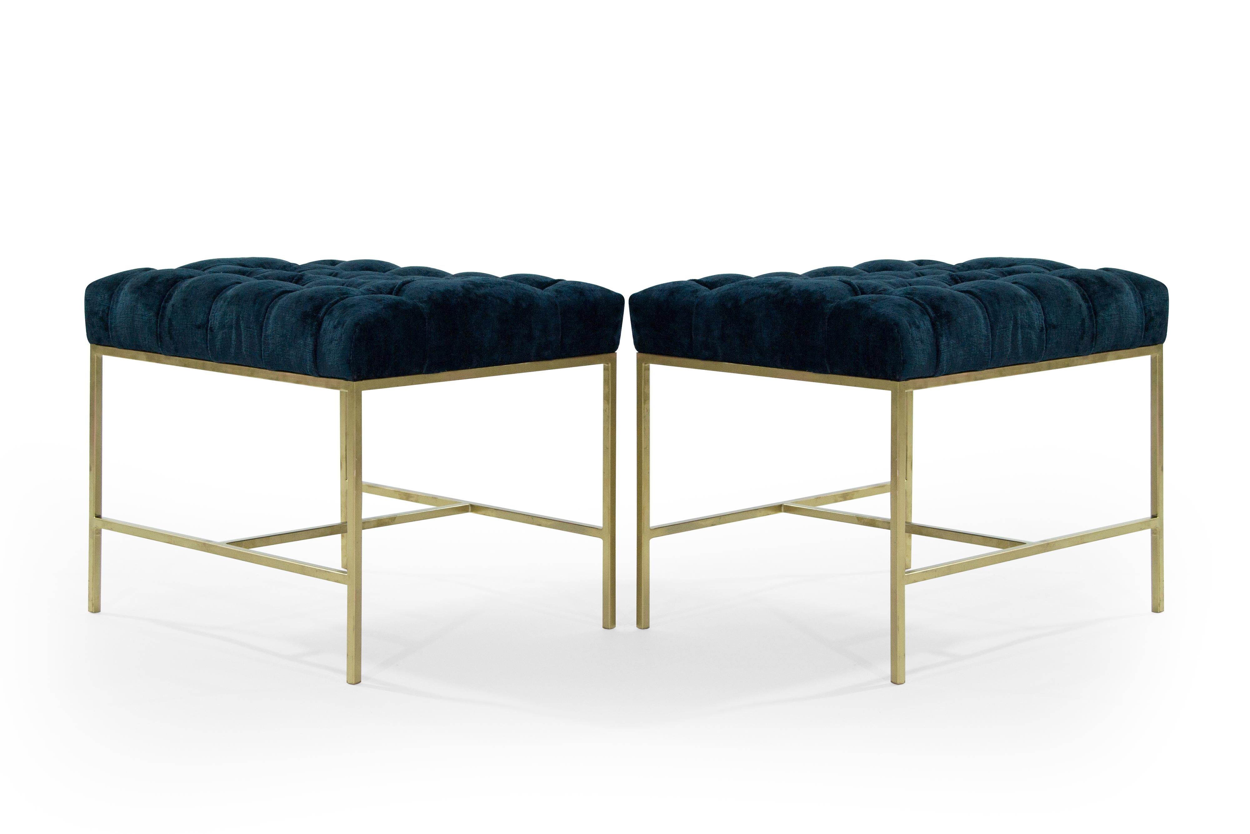 American Tufted McCobb Style Brushed Brass Stools, 1950s