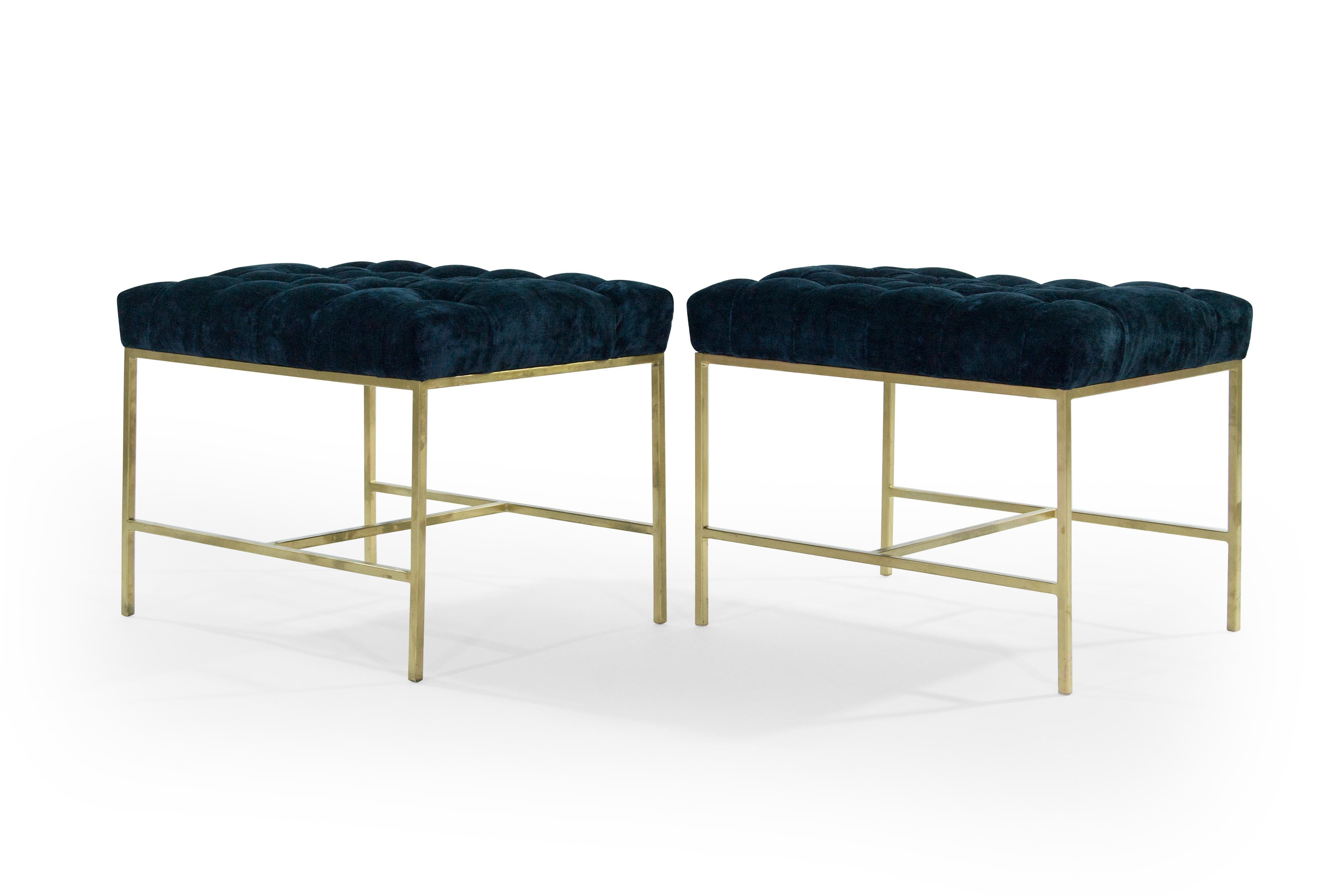 Tufted McCobb Style Brushed Brass Stools, 1950s In Excellent Condition In Westport, CT