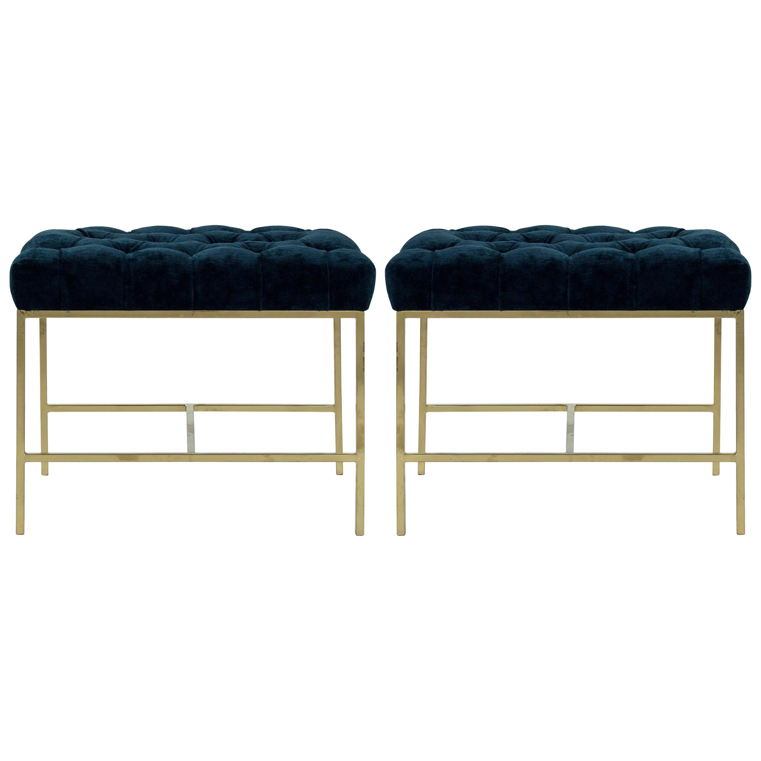 Tufted McCobb Style Brushed Brass Stools, 1950s