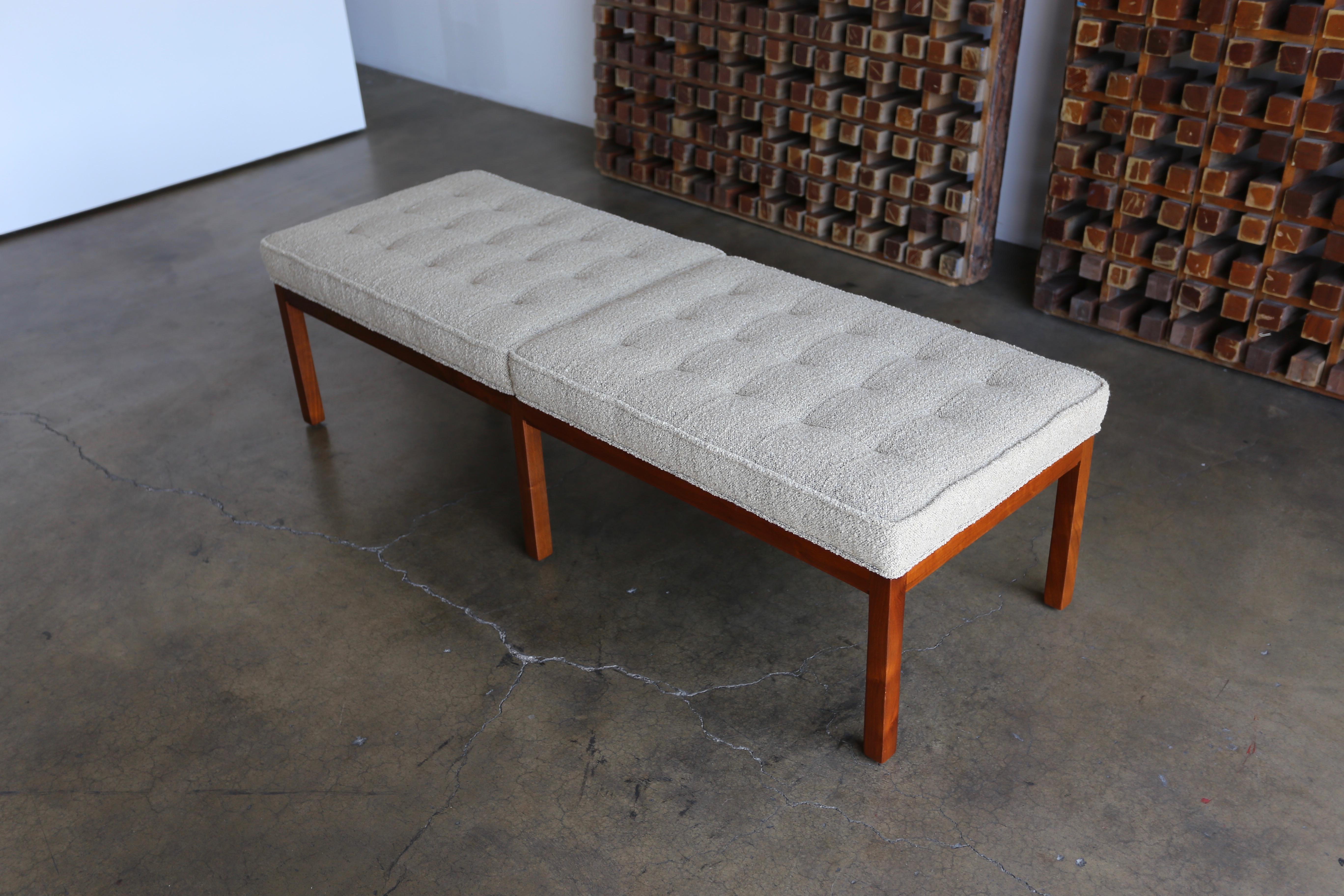 Mid-Century Modern Tufted Nubby Fabric and Walnut Bench by Metropolitan Furniture Co.