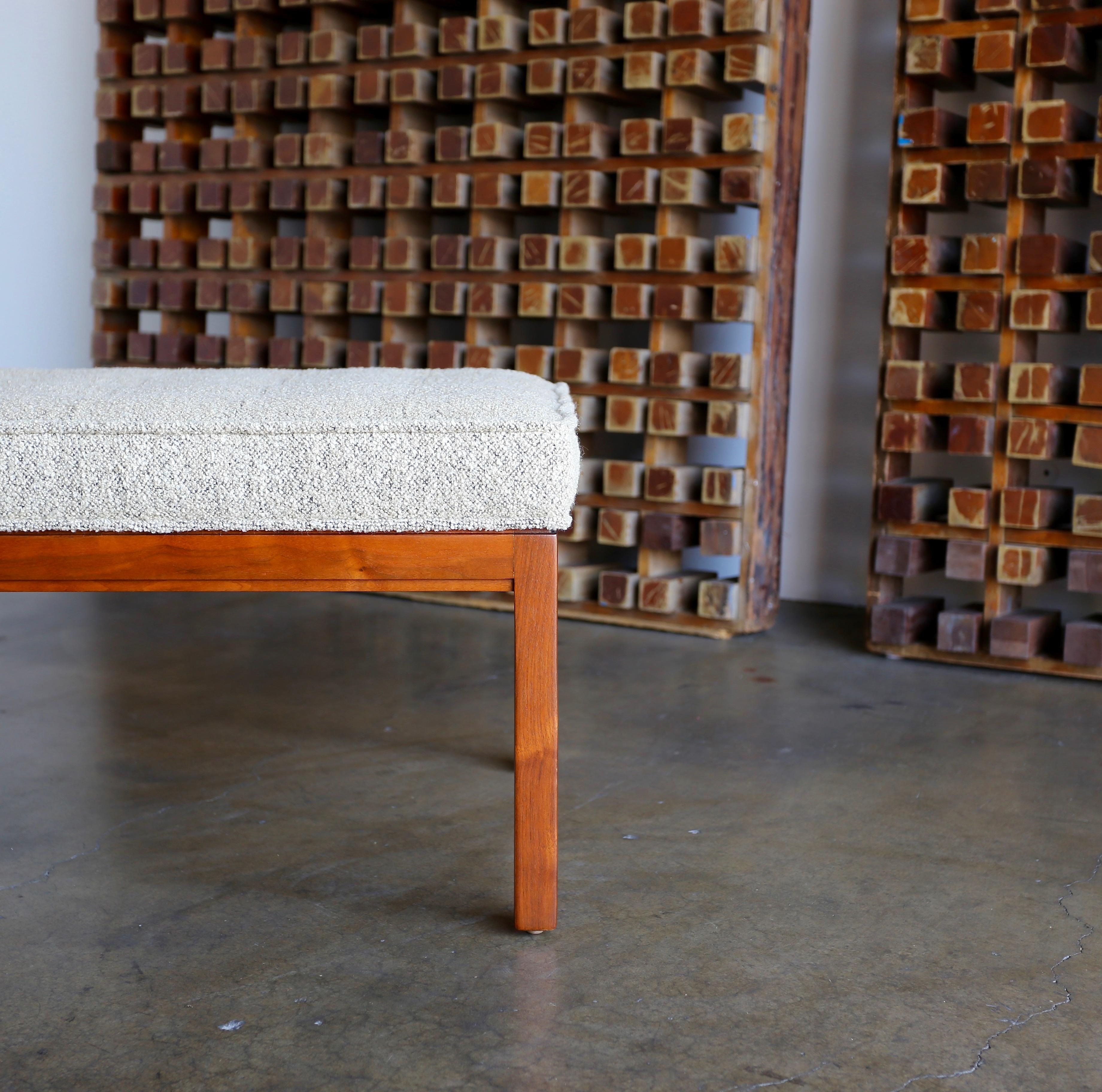American Tufted Nubby Fabric and Walnut Bench by Metropolitan Furniture Co.