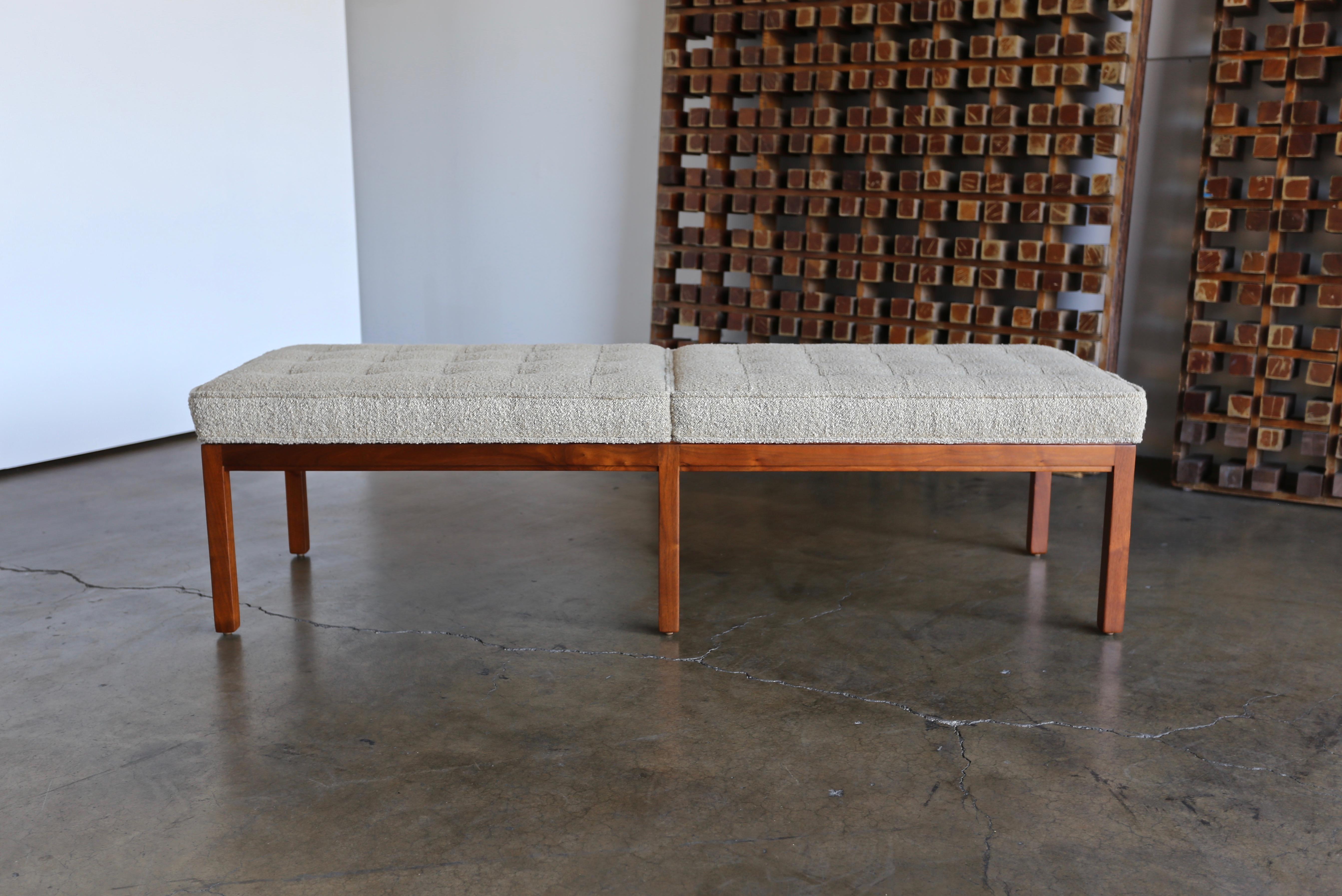 Tufted Nubby Fabric and Walnut Bench by Metropolitan Furniture Co. In Excellent Condition In Costa Mesa, CA