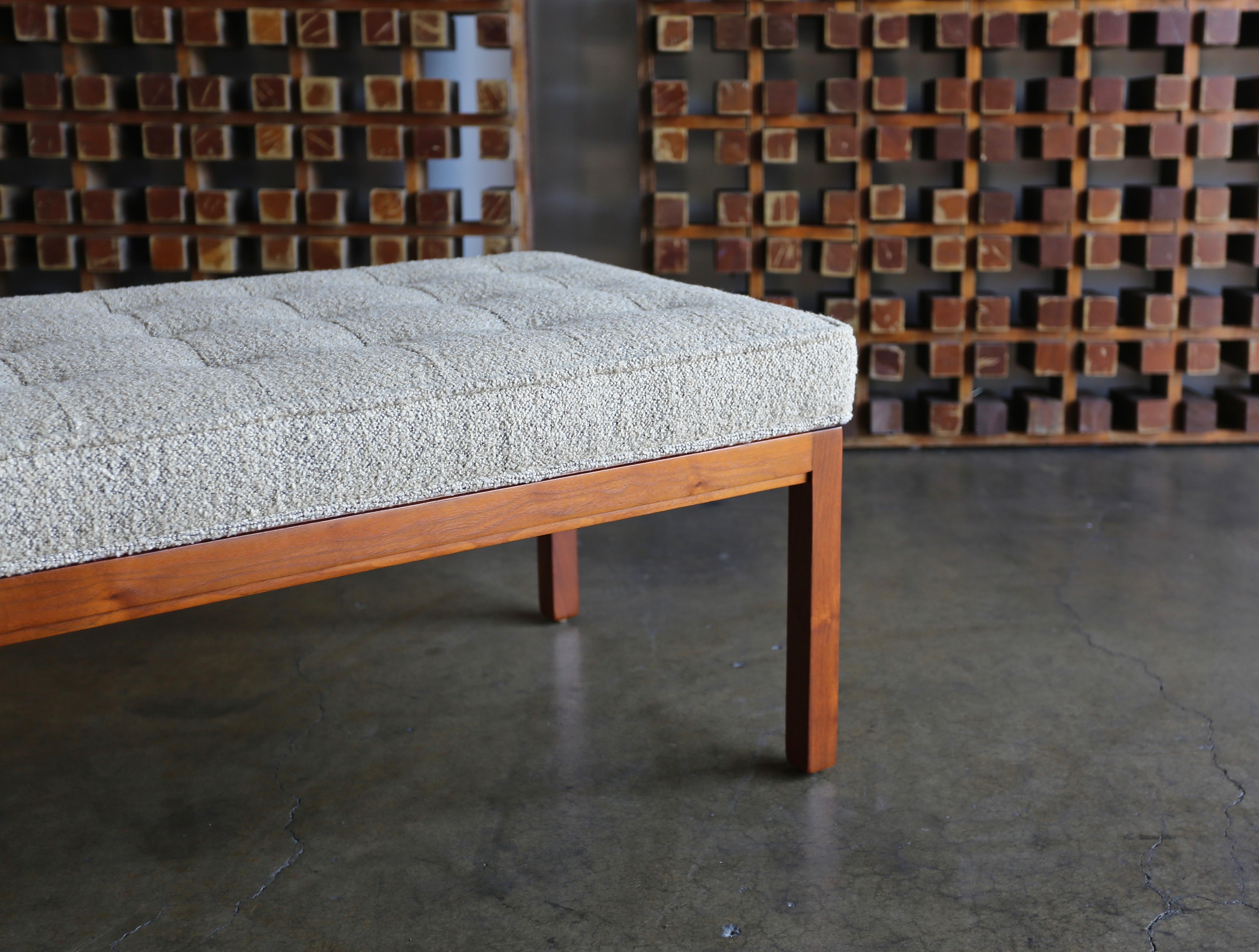 20th Century Tufted Nubby Fabric and Walnut Bench by Metropolitan Furniture Co.