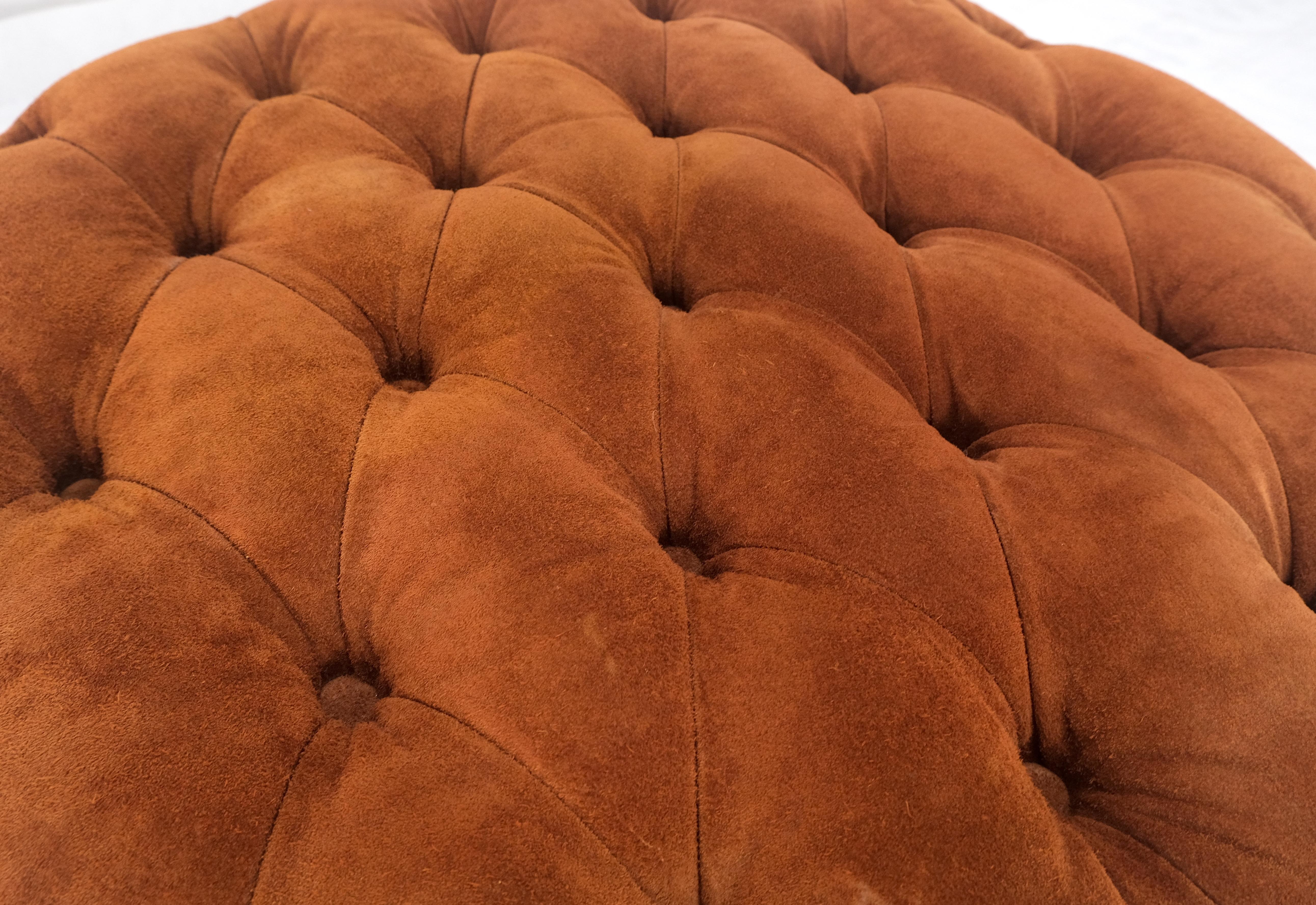Tufted Chesterfield Style Orange Rust Color Suede Leather 32 Round Ottoman Bench Pouf 1970s MINT!