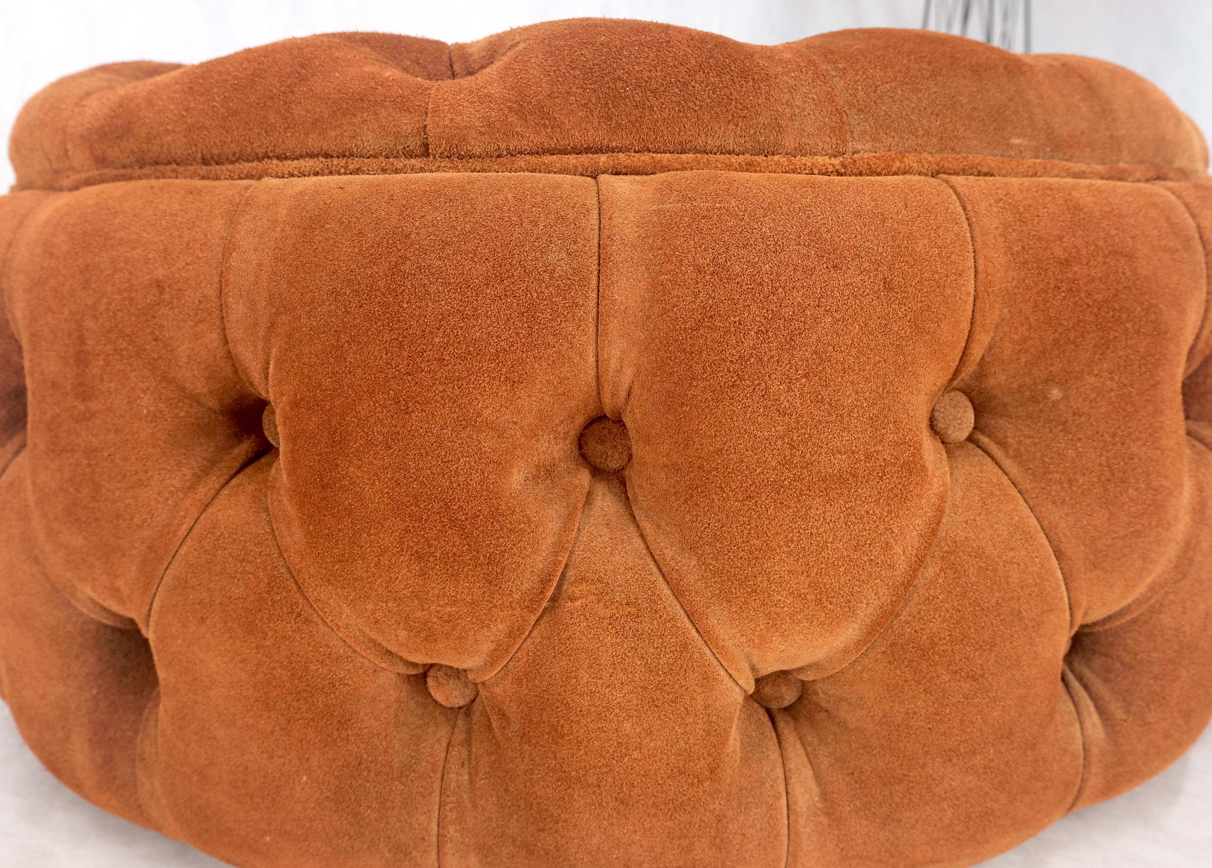 Mid-Century Modern Tufted Orange Rust Color Suede Leather 32 Round Ottoman Bench Pouf 1970s MINT! For Sale