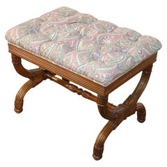 Tufted Paisley Curule Carved Walnut French Louis XV Style Bench Stool