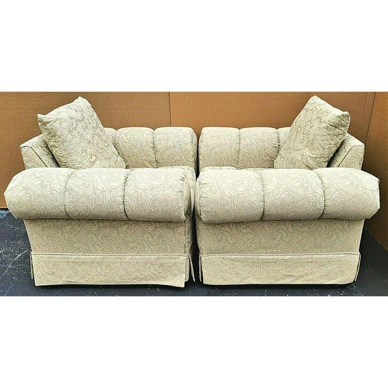 For FULL item description be sure to click on CONTINUE READING at the bottom of this listing.

Offering One Of Our Recent Palm Beach Estate Fine Furniture Acquisitions of A 
Pair of Barclay Tufted Roll Arm Oversized Damask Upholstered Lounge Club