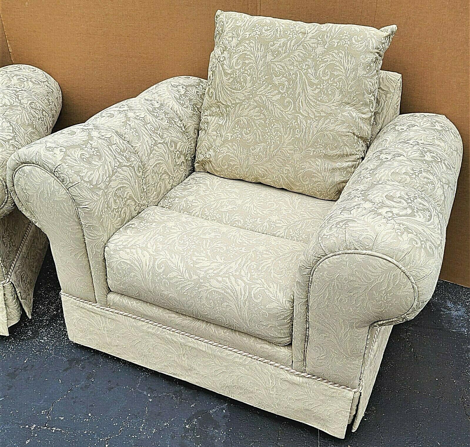 Tufted Roll Arm Damask Lounge Club Chairs  In Good Condition For Sale In Lake Worth, FL