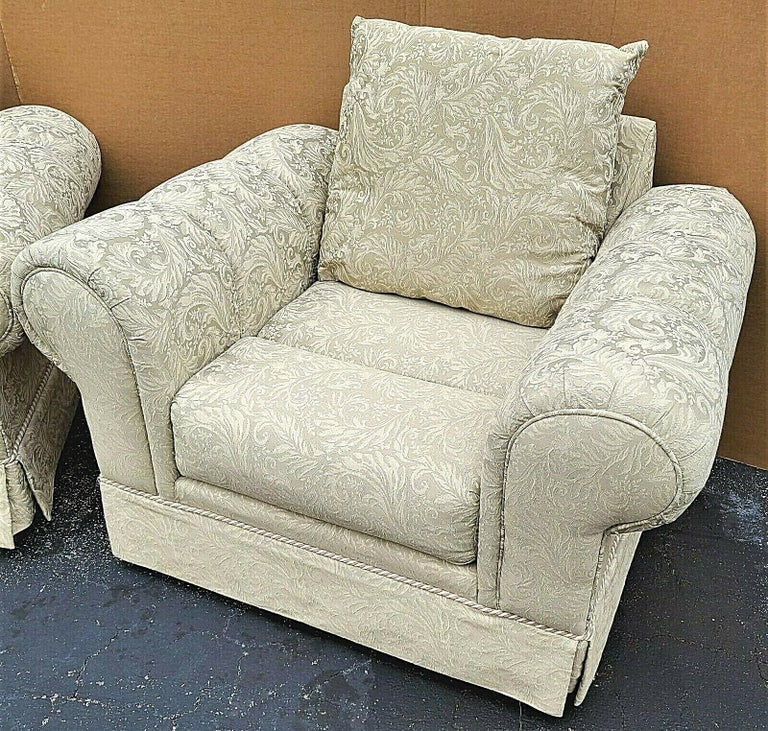 Tufted Roll Arm Damask Lounge Club Chairs by Barclay For Sale at 1stDibs