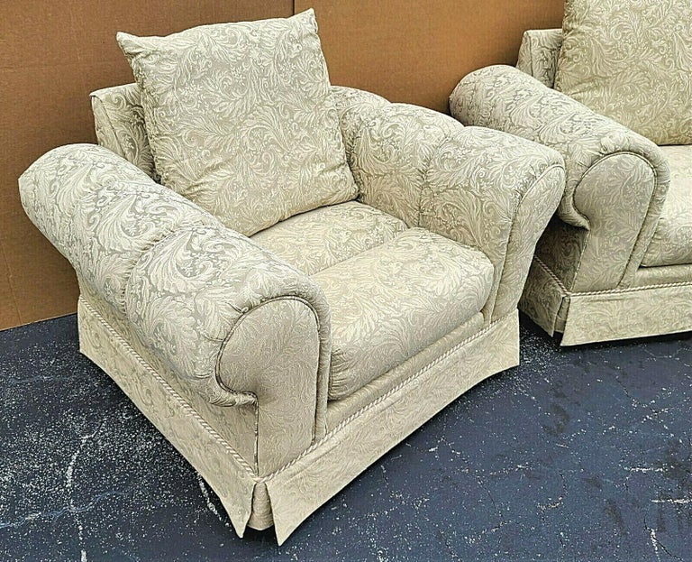 Tufted Roll Arm Damask Lounge Club Chairs by Barclay For Sale at 1stDibs
