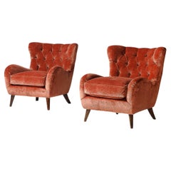 Tufted Rose Colored Velvet Armchairs with Elm Legs, Italy, c. 1950