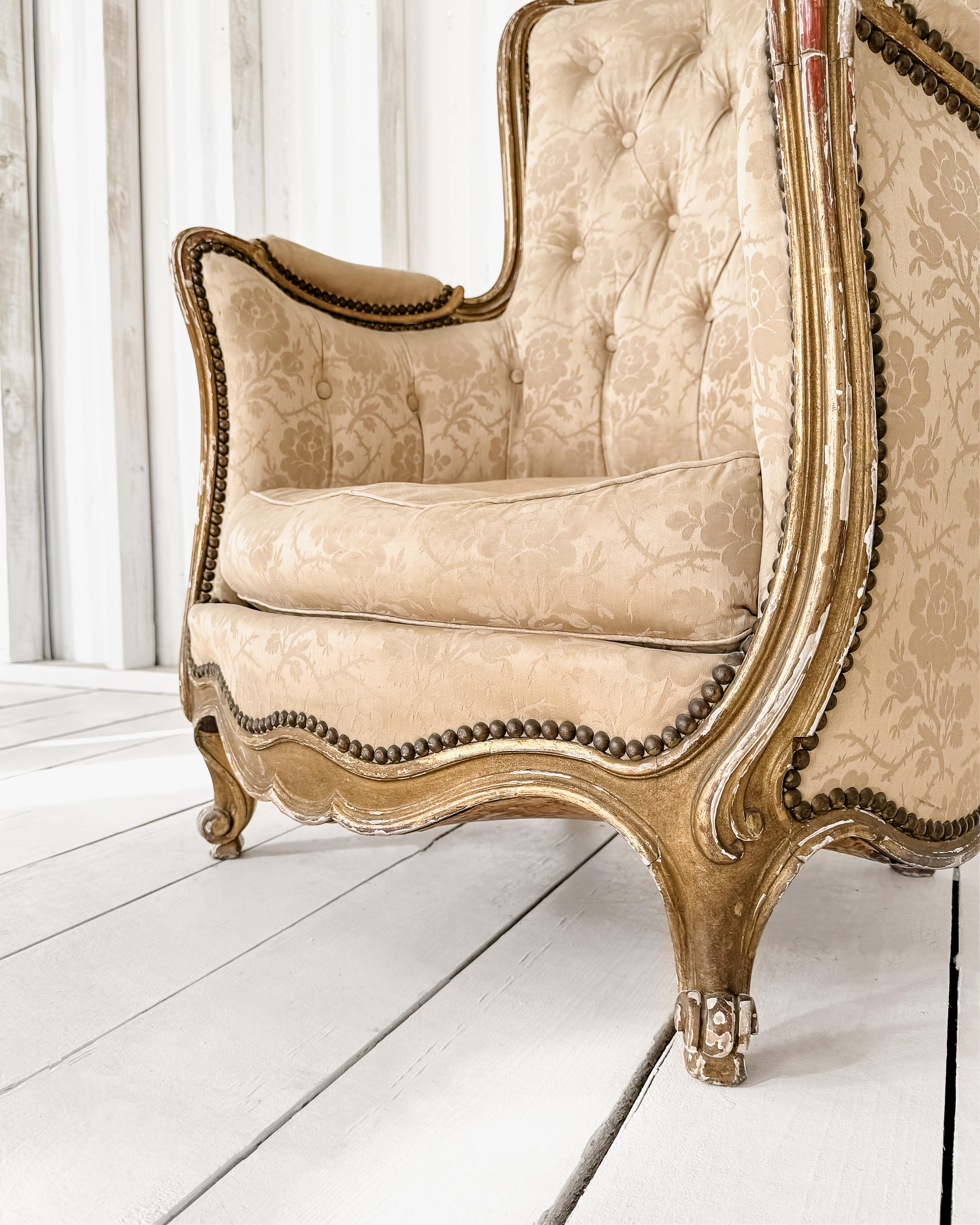 Tufted Silk Damask Louis XV Style Bergere Chair For Sale 3
