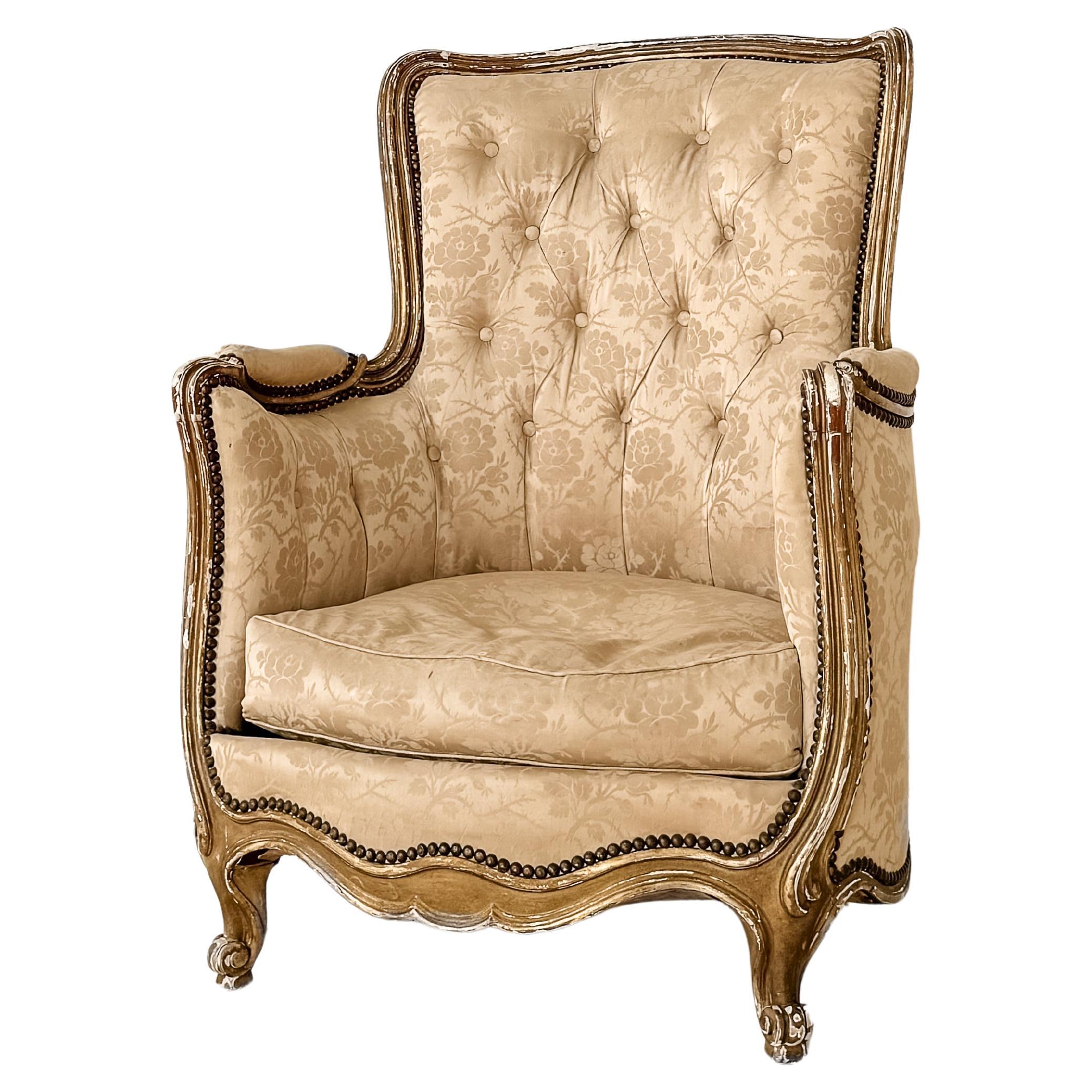 Tufted Silk Damask Louis XV Style Bergere Chair For Sale