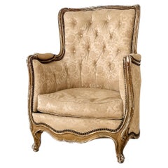 Antique Tufted Silk Damask Louis XV Style Bergere Chair